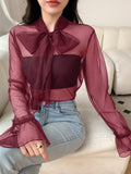 Buy SHEIN DAZY Women's Lace Up Sheer Mesh Bell Sleeve Shirt in Pakistan