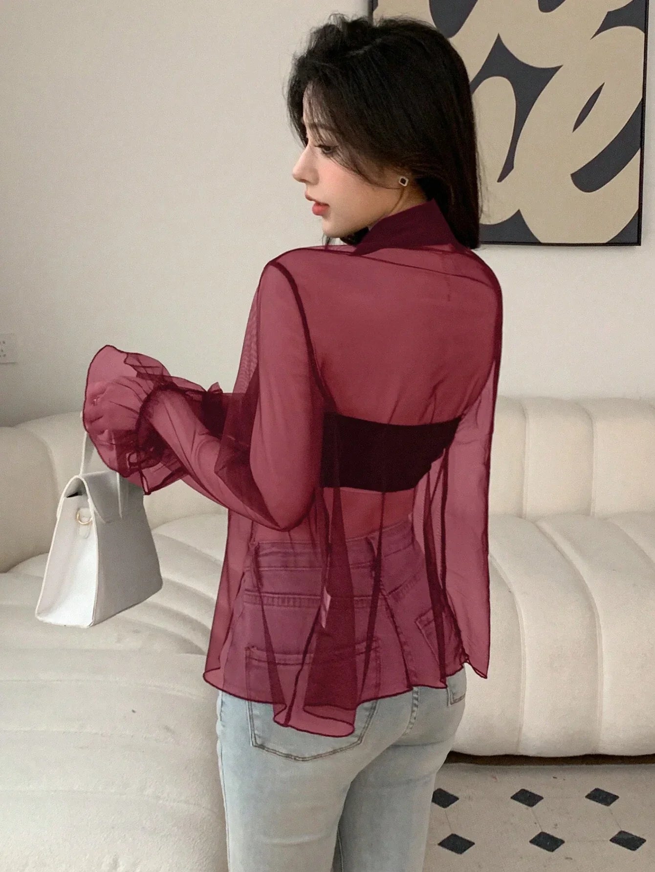 Buy SHEIN DAZY Women's Lace Up Sheer Mesh Bell Sleeve Shirt in Pakistan