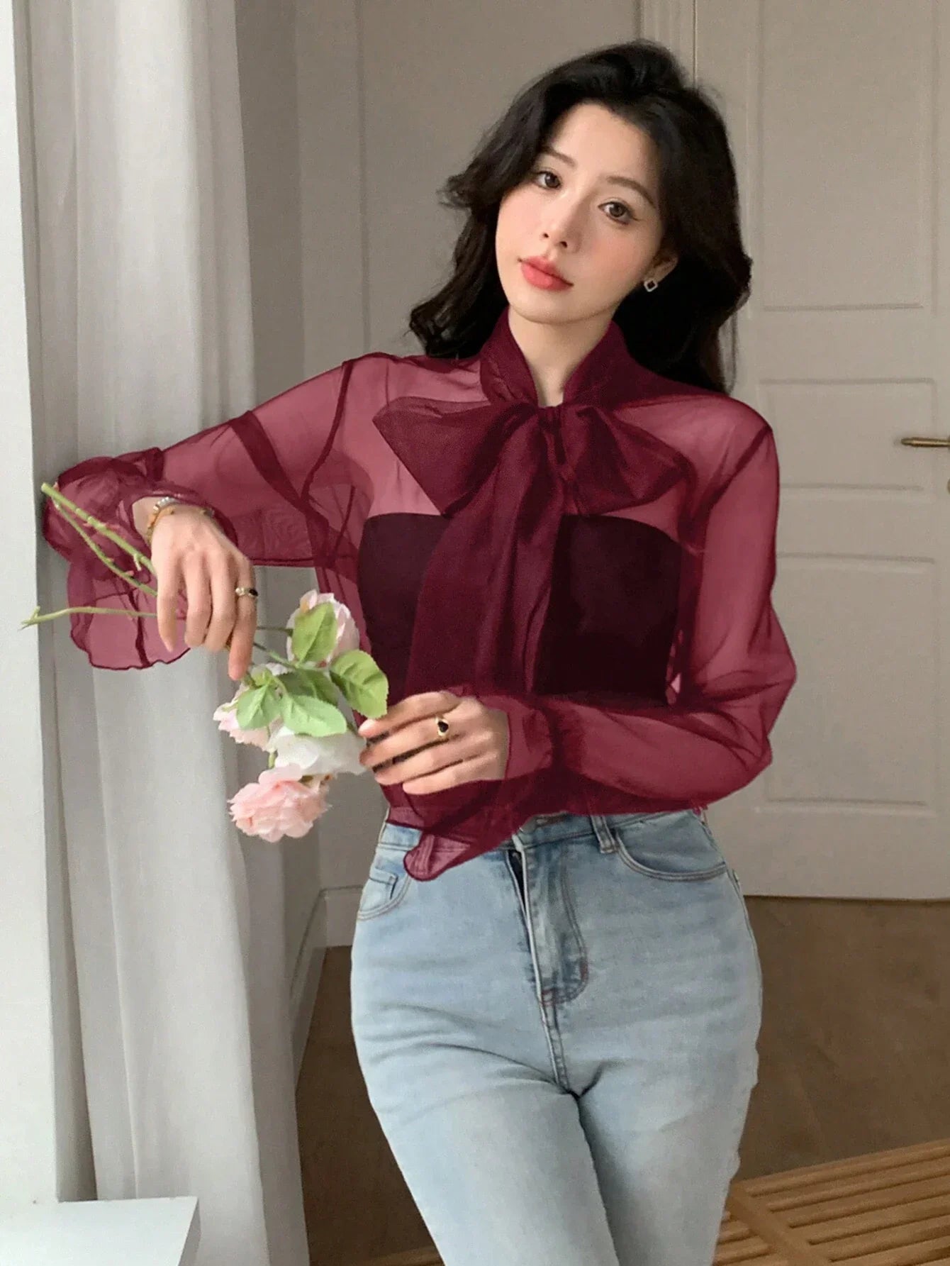 Buy SHEIN DAZY Women's Lace Up Sheer Mesh Bell Sleeve Shirt in Pakistan