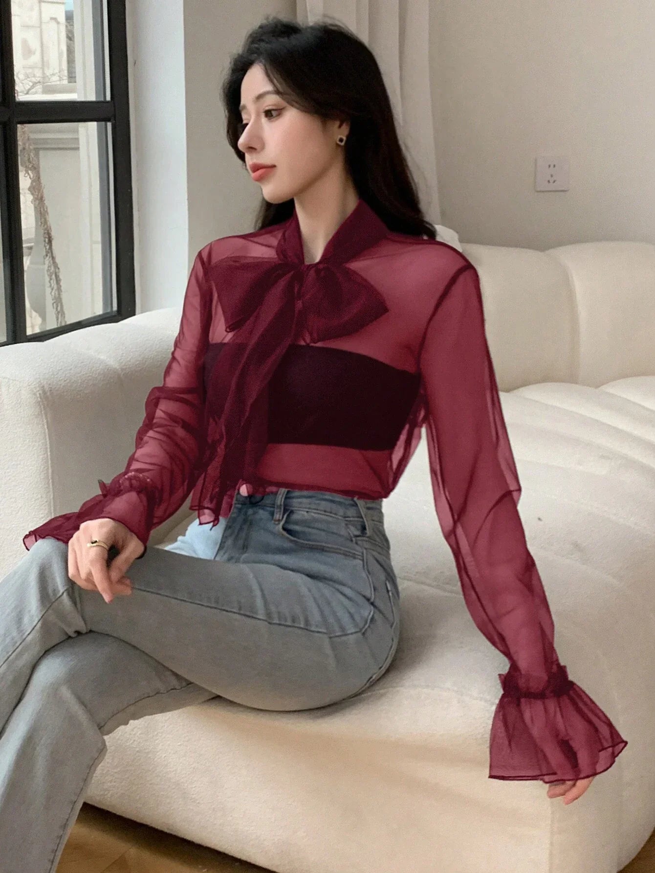 Buy SHEIN DAZY Women's Lace Up Sheer Mesh Bell Sleeve Shirt in Pakistan