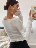 Buy SHEIN DAZY Women's Round Neck Lace Patchwork Slim Fit Long Sleeve T-Shirt in Pakistan