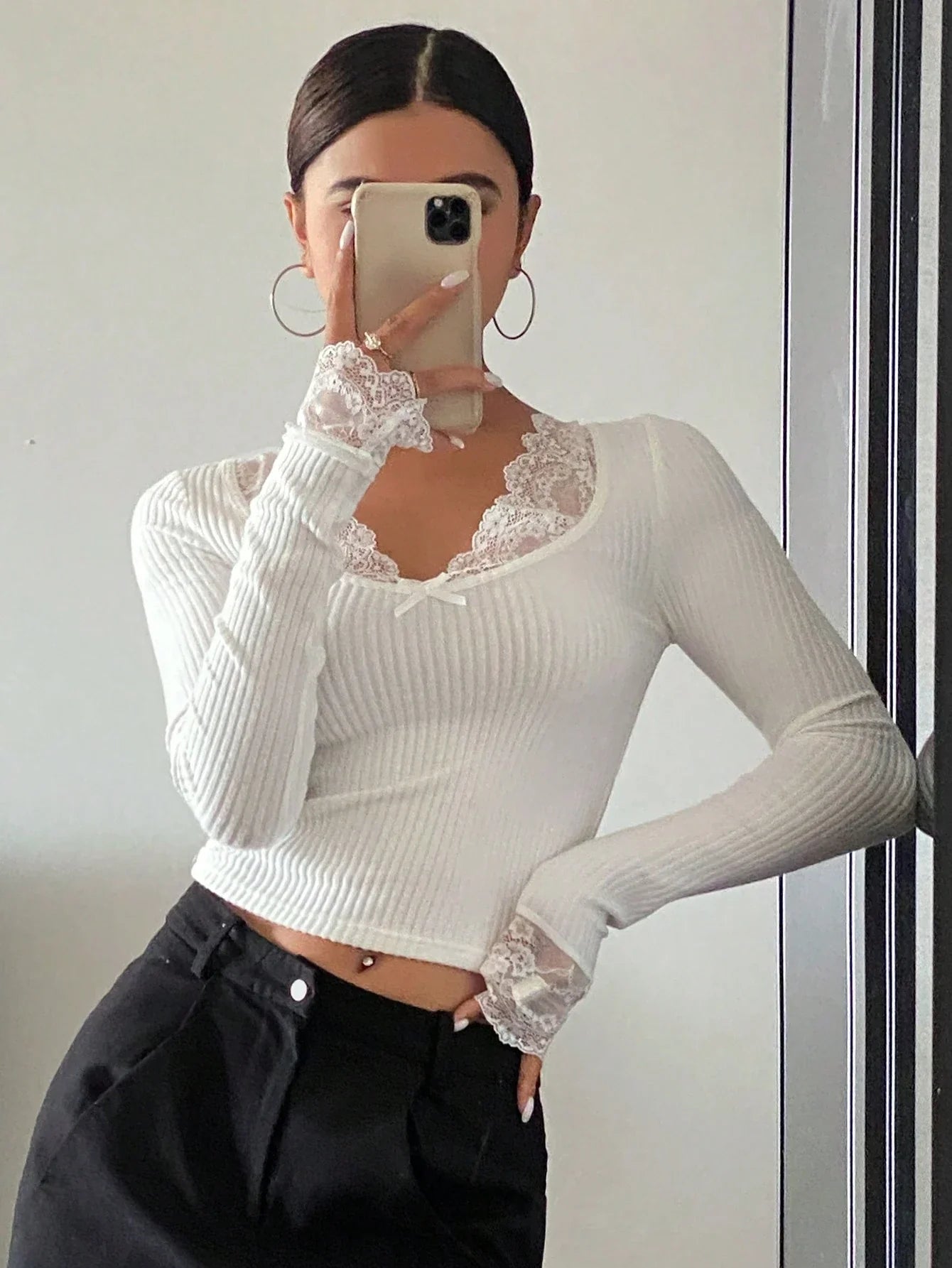 Buy SHEIN DAZY Women's Round Neck Lace Patchwork Slim Fit Long Sleeve T-Shirt in Pakistan