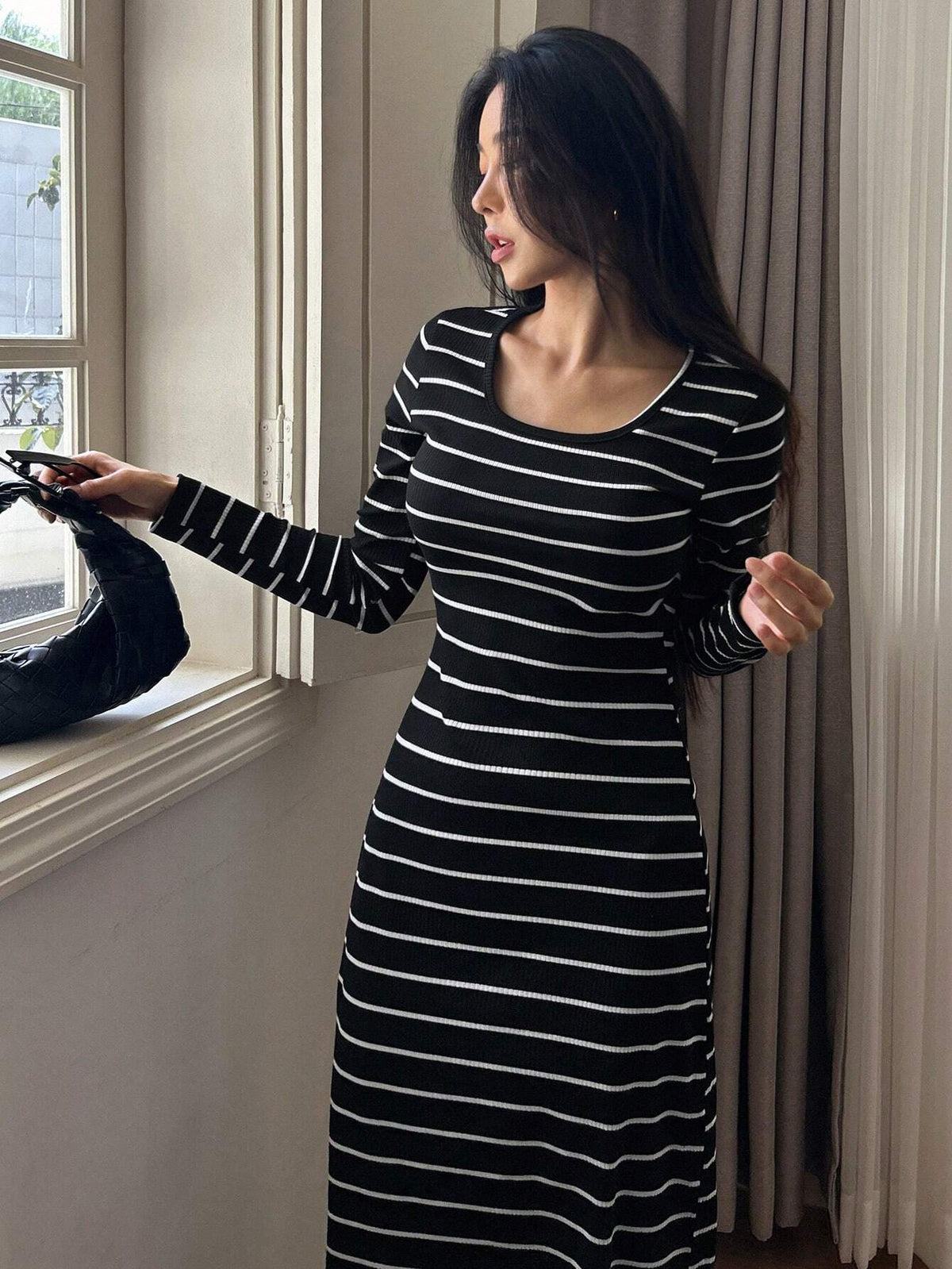 Buy SHEIN DAZY Women's Round Neck Long Sleeve Striped Simple Casual Dress in Pakistan