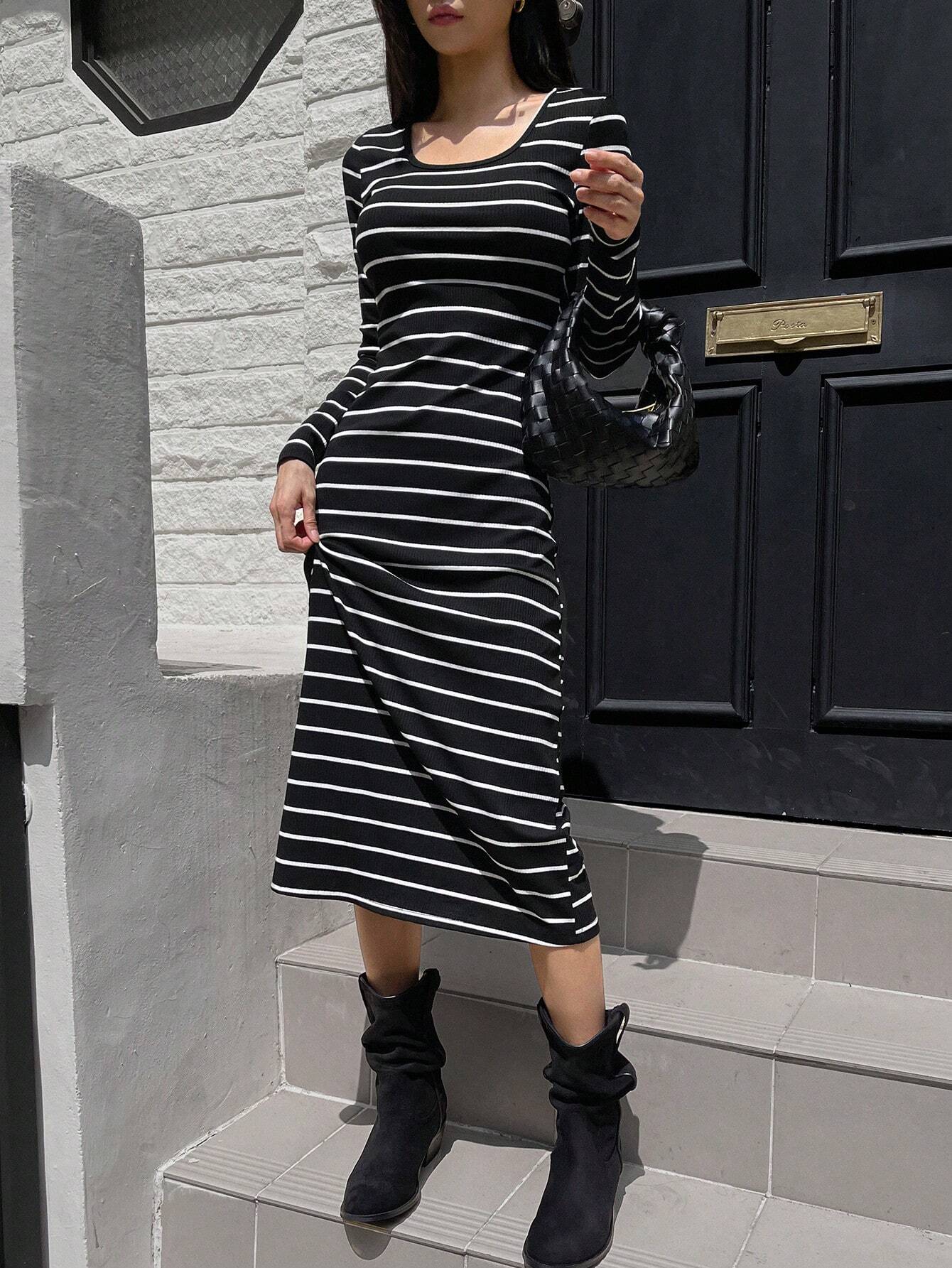 Buy SHEIN DAZY Women's Round Neck Long Sleeve Striped Simple Casual Dress in Pakistan