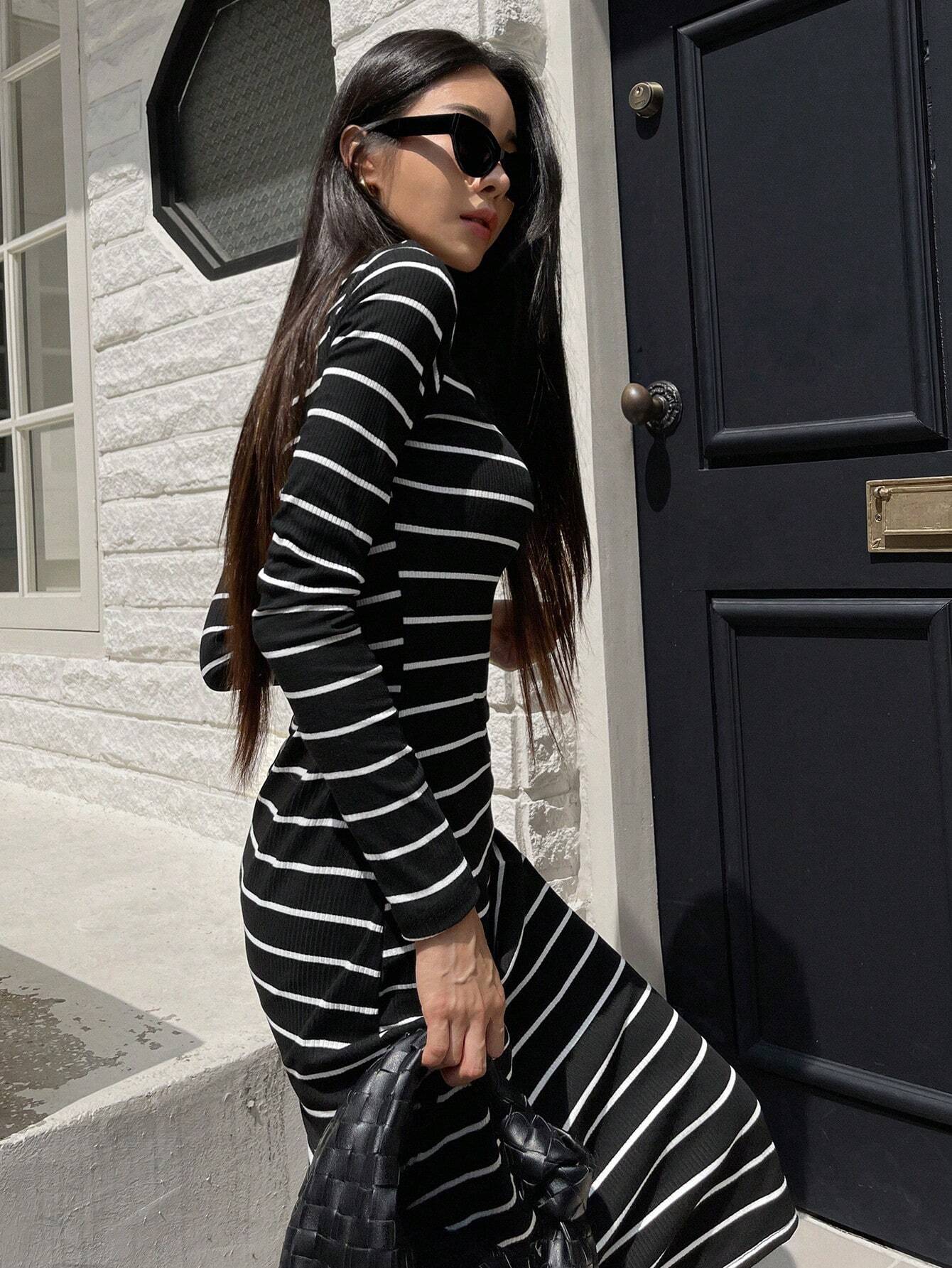 Buy SHEIN DAZY Women's Round Neck Long Sleeve Striped Simple Casual Dress in Pakistan