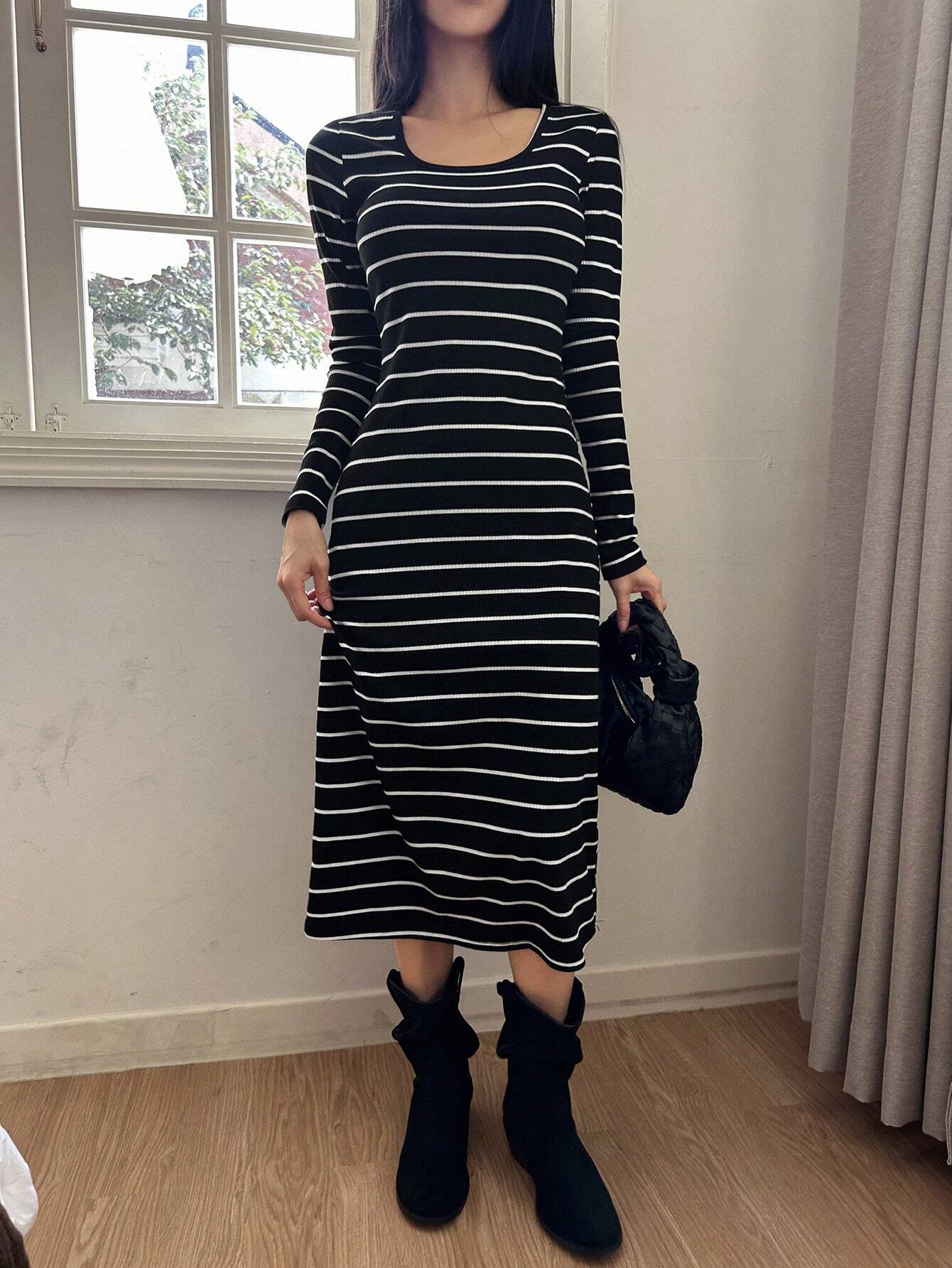 Buy SHEIN DAZY Women's Round Neck Long Sleeve Striped Simple Casual Dress in Pakistan