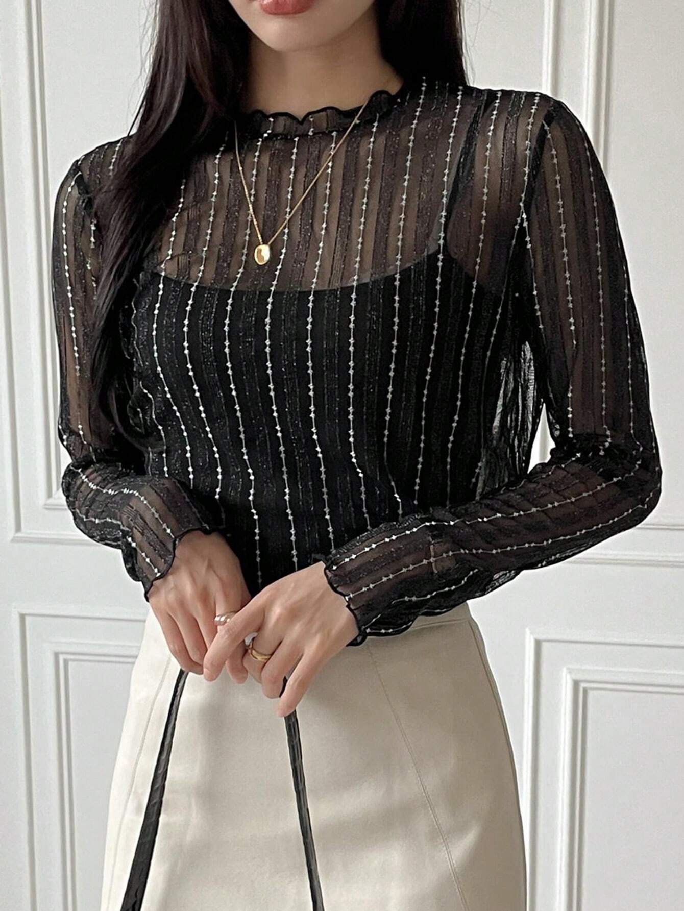 Buy SHEIN DAZY Women's Sheer Round Neck Casual Blouse, New Autumn Style Going Out Tops in Pakistan