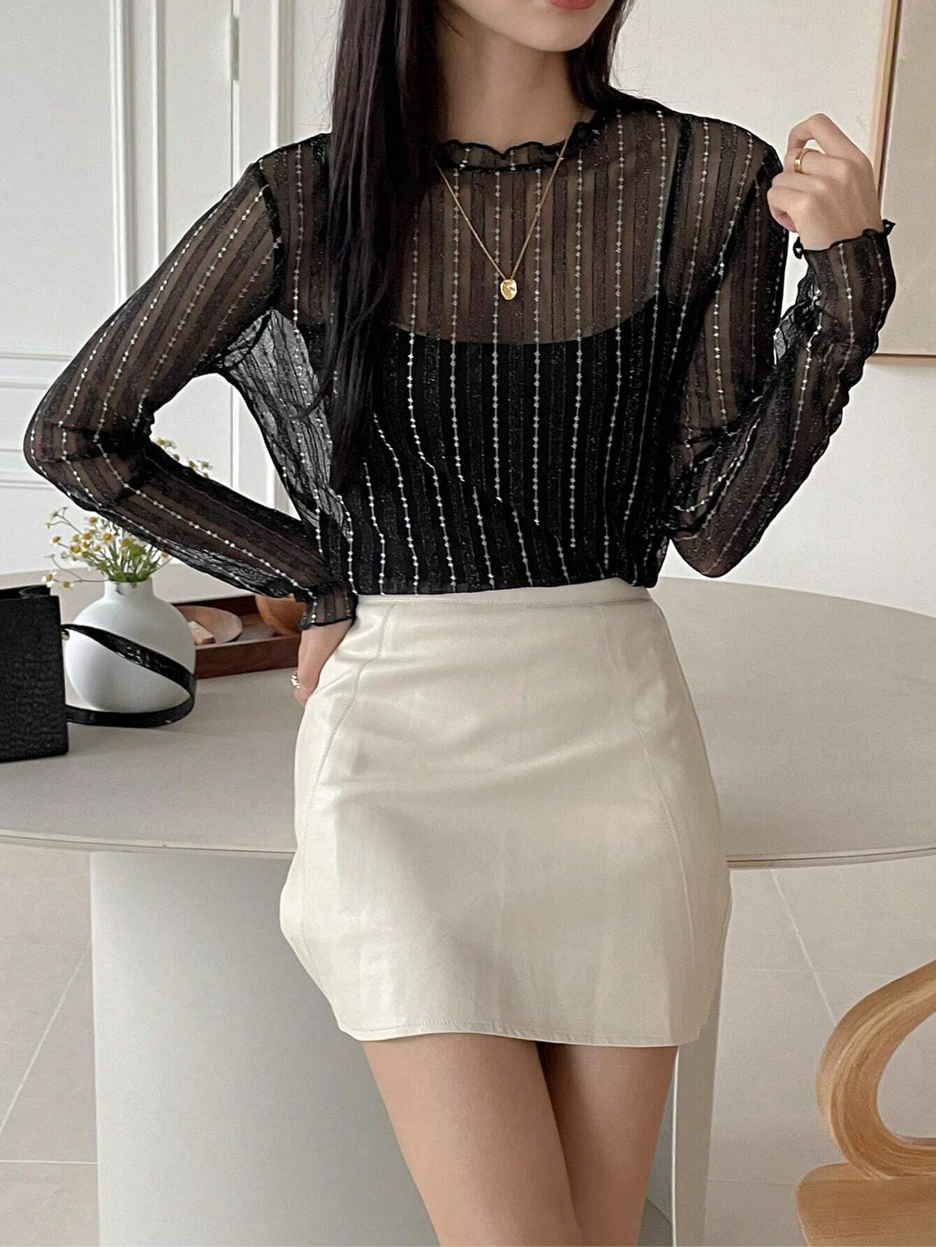 Buy SHEIN DAZY Women's Sheer Round Neck Casual Blouse, New Autumn Style Going Out Tops in Pakistan