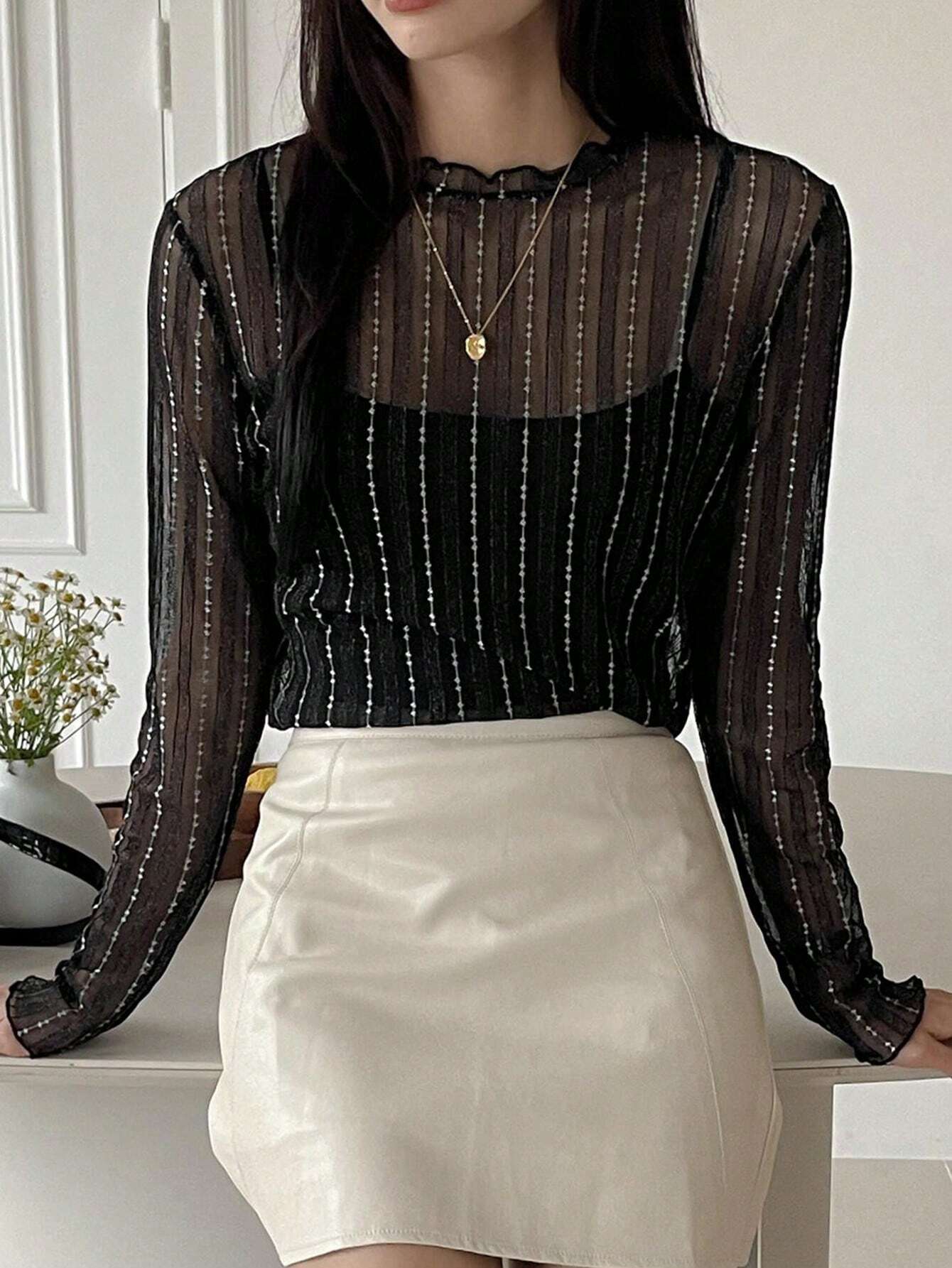 Buy SHEIN DAZY Women's Sheer Round Neck Casual Blouse, New Autumn Style Going Out Tops in Pakistan