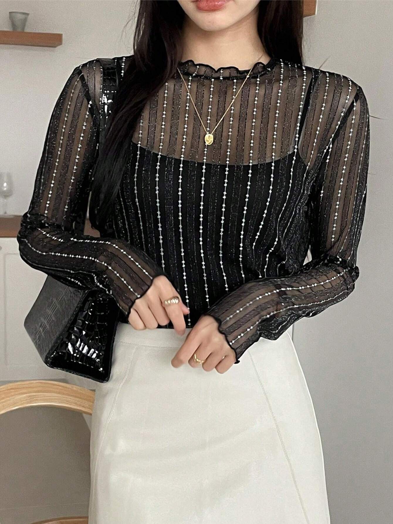 Buy SHEIN DAZY Women's Sheer Round Neck Casual Blouse, New Autumn Style Going Out Tops in Pakistan