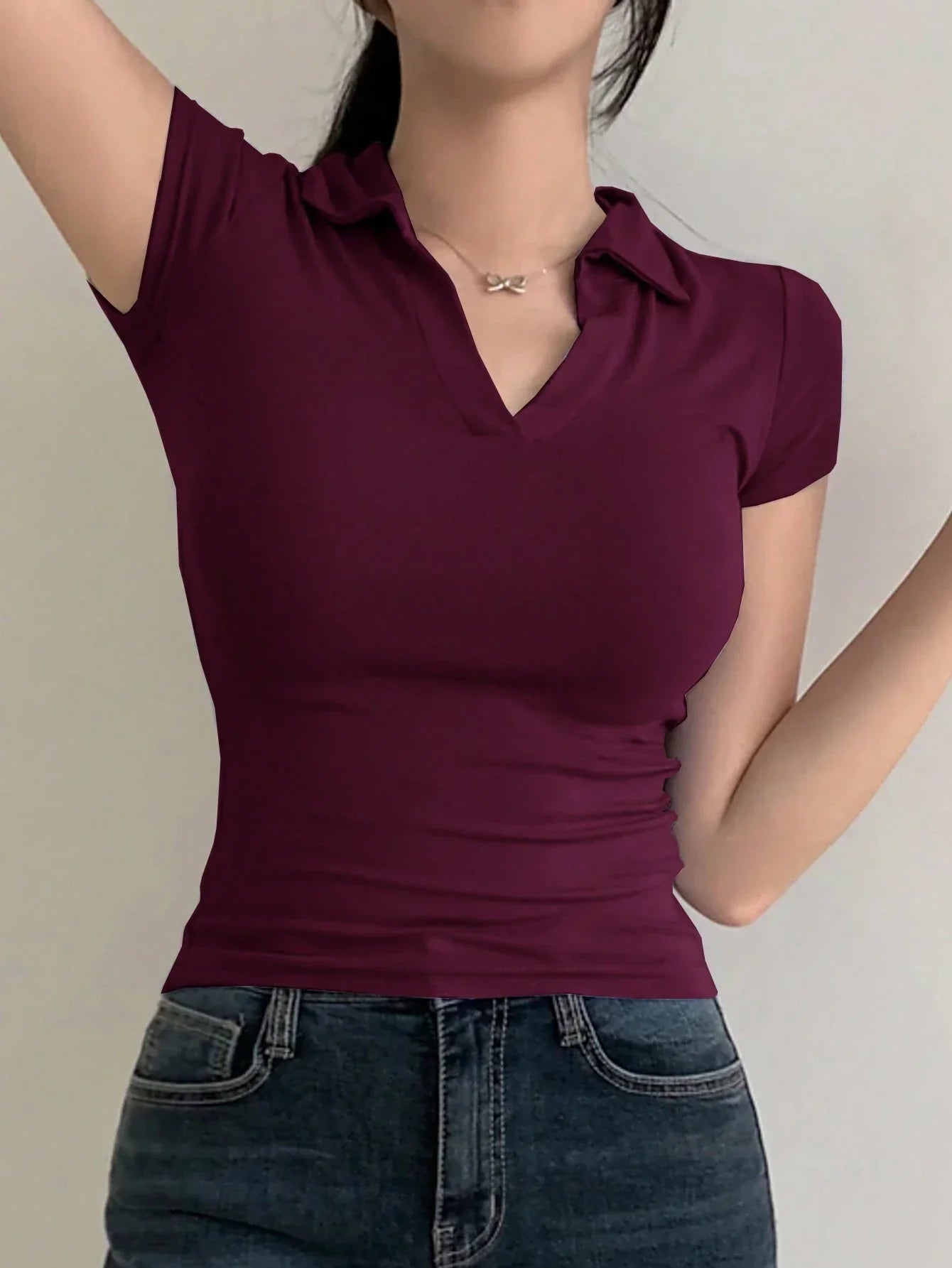 Buy SHEIN DAZY Women's Solid Color Lapel Short Sleeve V-Neck Simple Tight Polo Neck T-Shirt in Pakistan