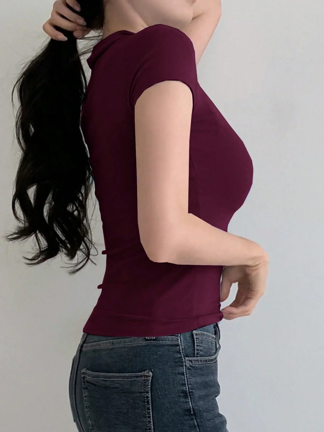 Buy SHEIN DAZY Women's Solid Color Lapel Short Sleeve V-Neck Simple Tight Polo Neck T-Shirt in Pakistan