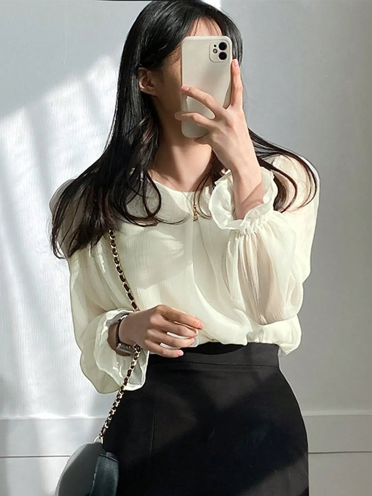 Buy SHEIN DAZY Women's Solid Color Round Neck Long Sleeve Elegant Blouse, Business Casual, Autumn in Pakistan