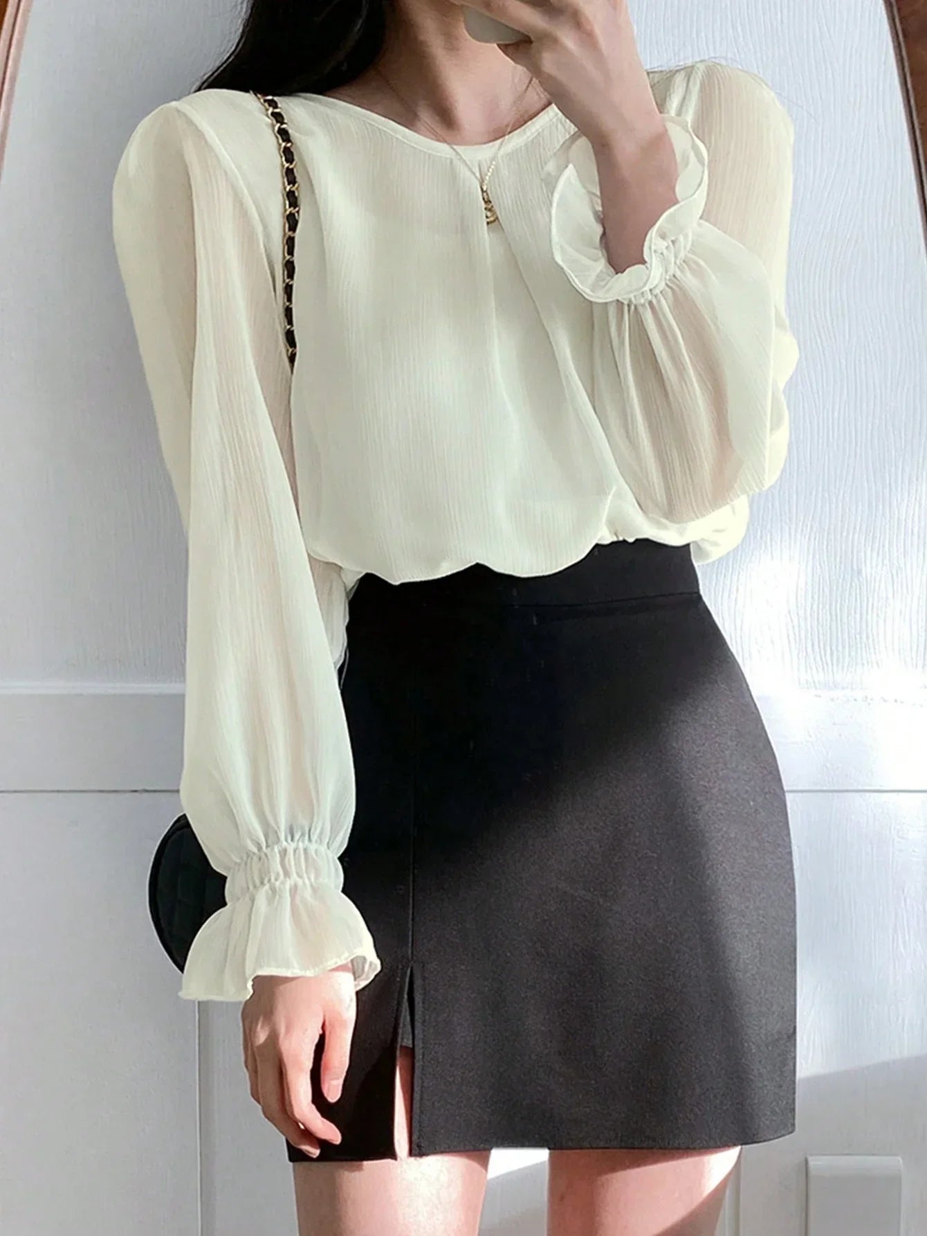 Buy SHEIN DAZY Women's Solid Color Round Neck Long Sleeve Elegant Blouse, Business Casual, Autumn in Pakistan