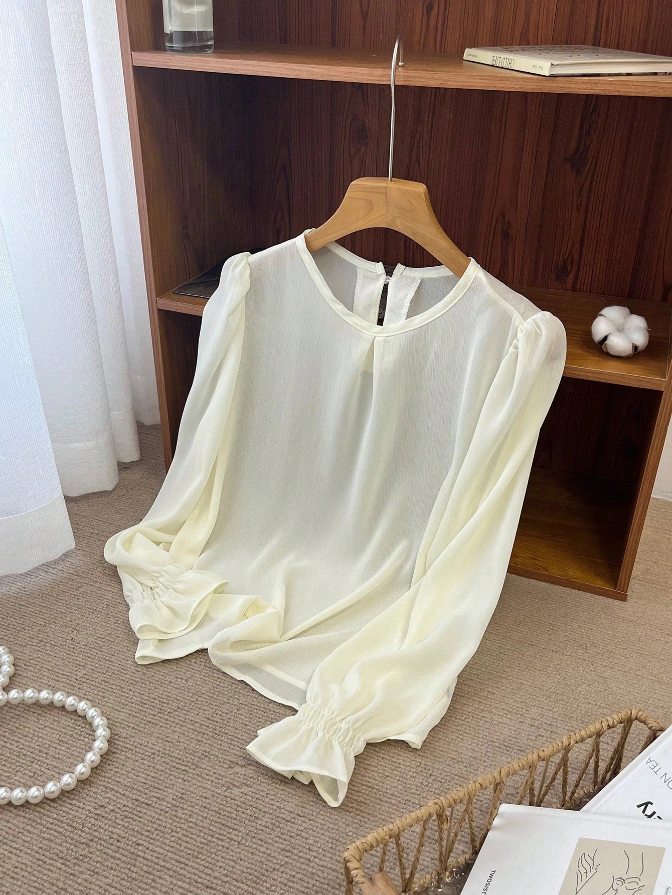 Buy SHEIN DAZY Women's Solid Color Round Neck Long Sleeve Elegant Blouse, Business Casual, Autumn in Pakistan