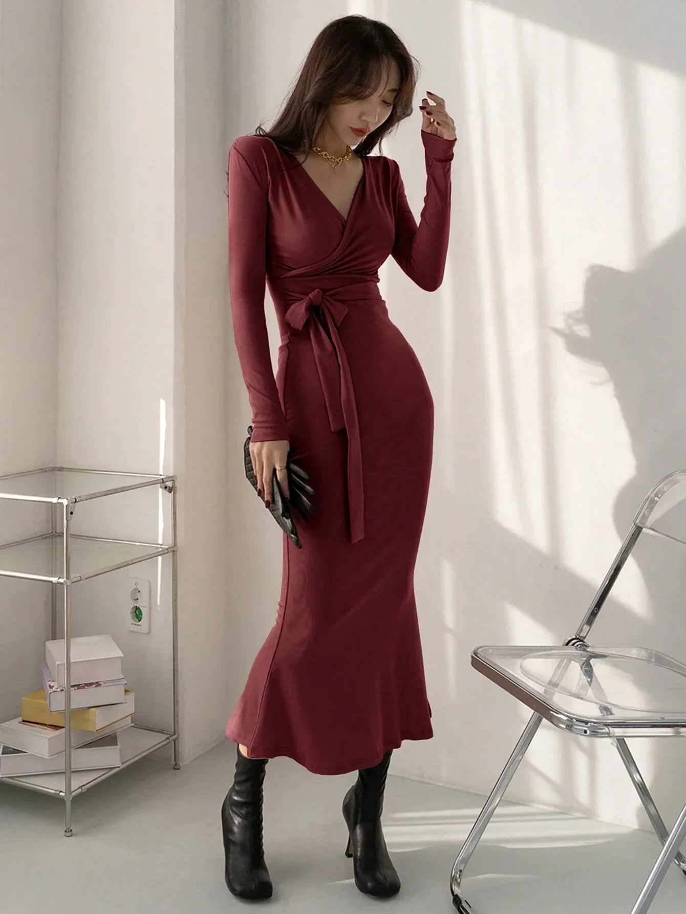 Buy SHEIN DAZY Women's Solid Color Self-Tie Wrap Midi Dress in Pakistan