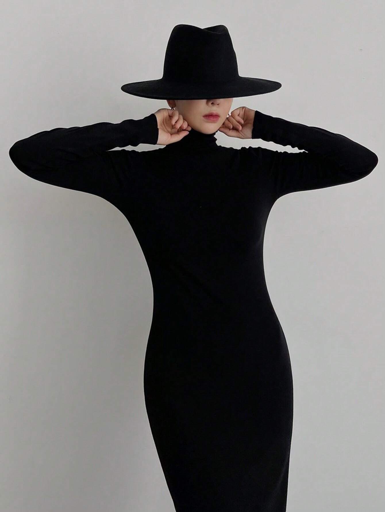 Buy SHEIN DAZY Women's Solid Color Slim Fit High Neck Slimming Versatile Long Dress in Pakistan