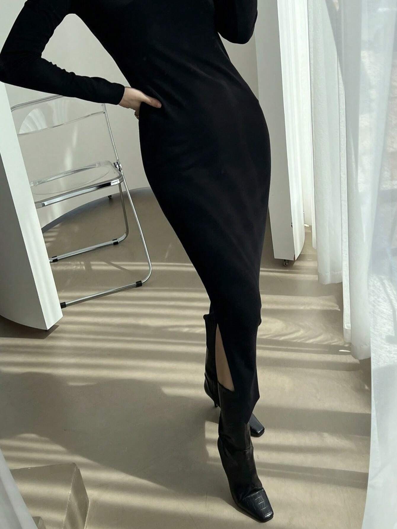 Buy SHEIN DAZY Women's Solid Color Slim Fit High Neck Slimming Versatile Long Dress in Pakistan