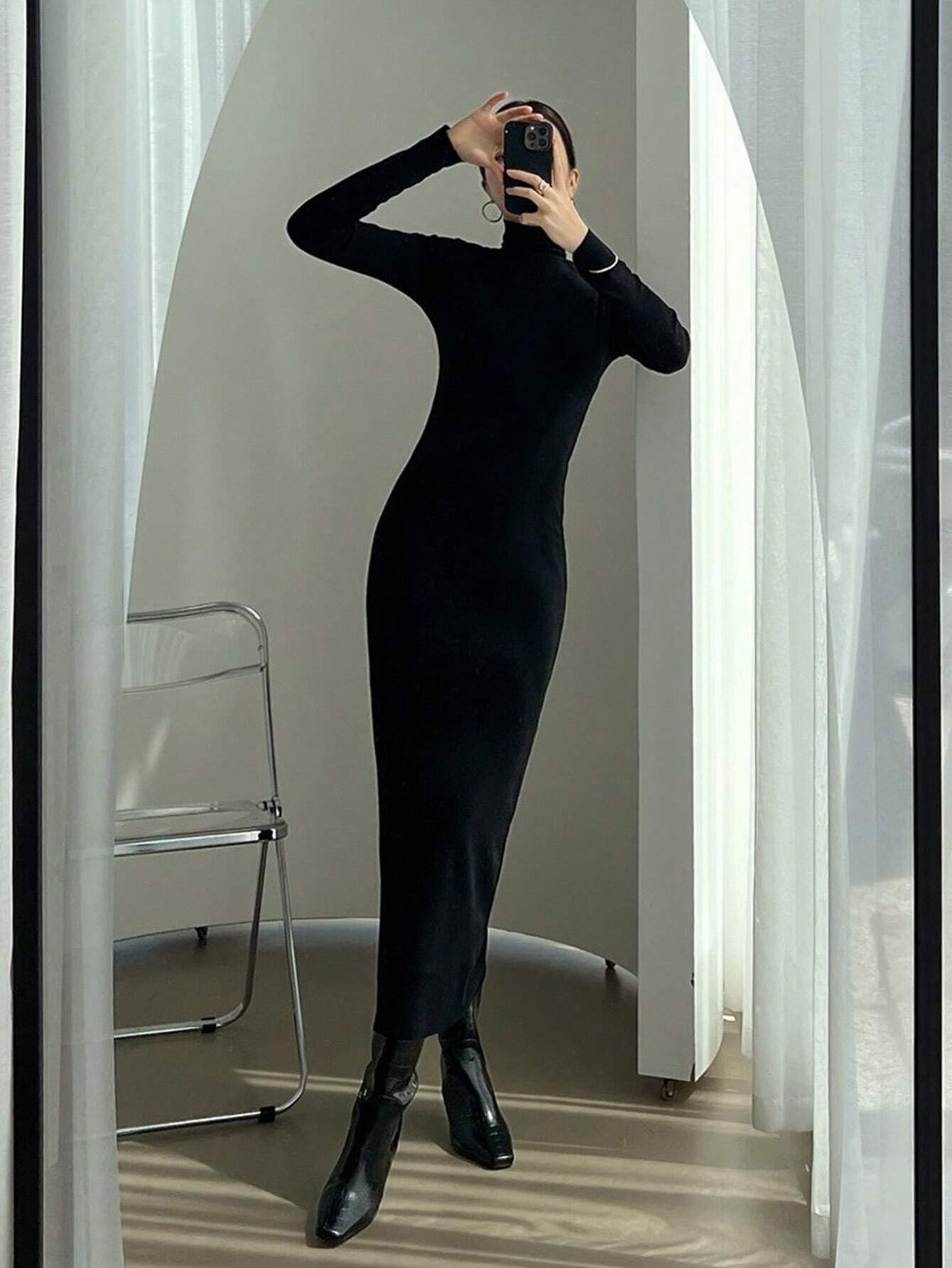 Buy SHEIN DAZY Women's Solid Color Slim Fit High Neck Slimming Versatile Long Dress in Pakistan