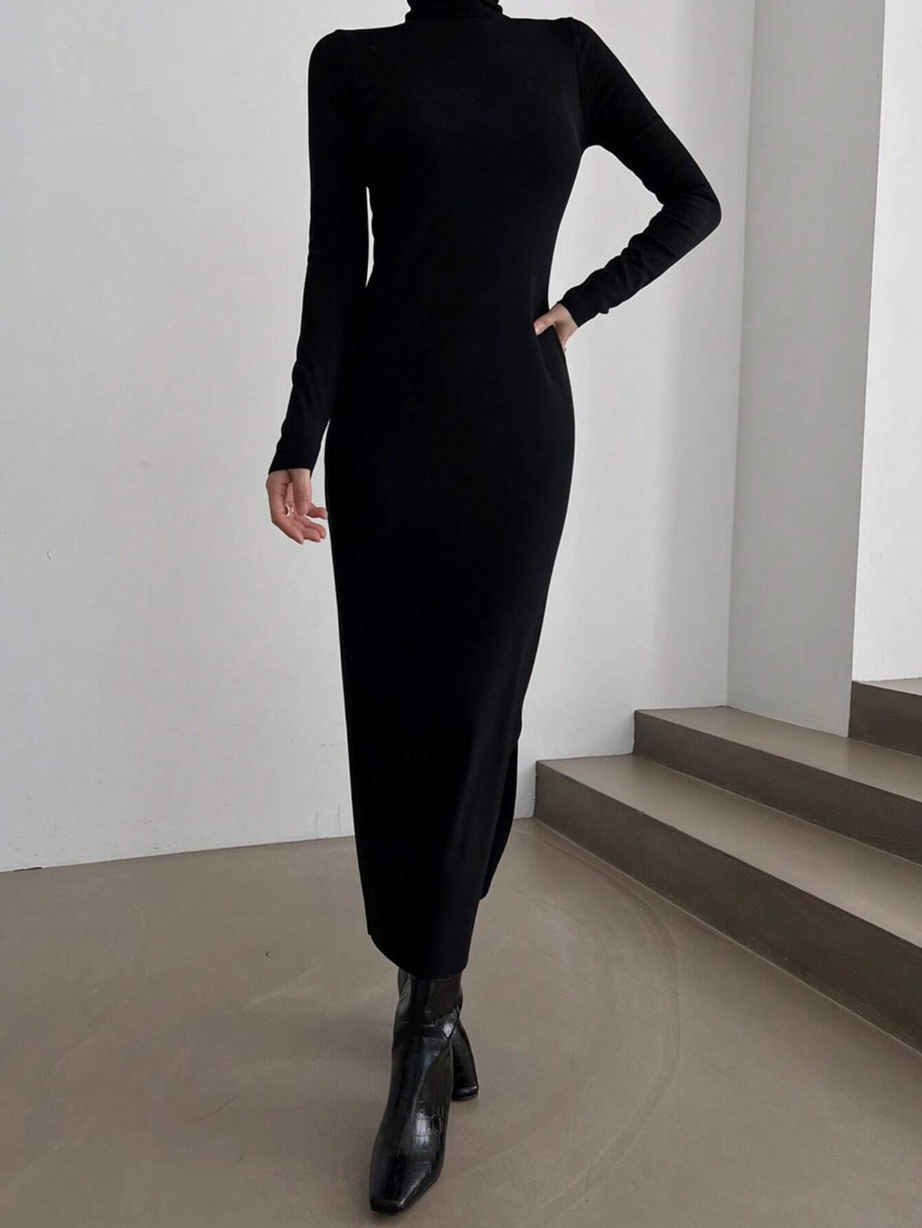 Buy SHEIN DAZY Women's Solid Color Slim Fit High Neck Slimming Versatile Long Dress in Pakistan