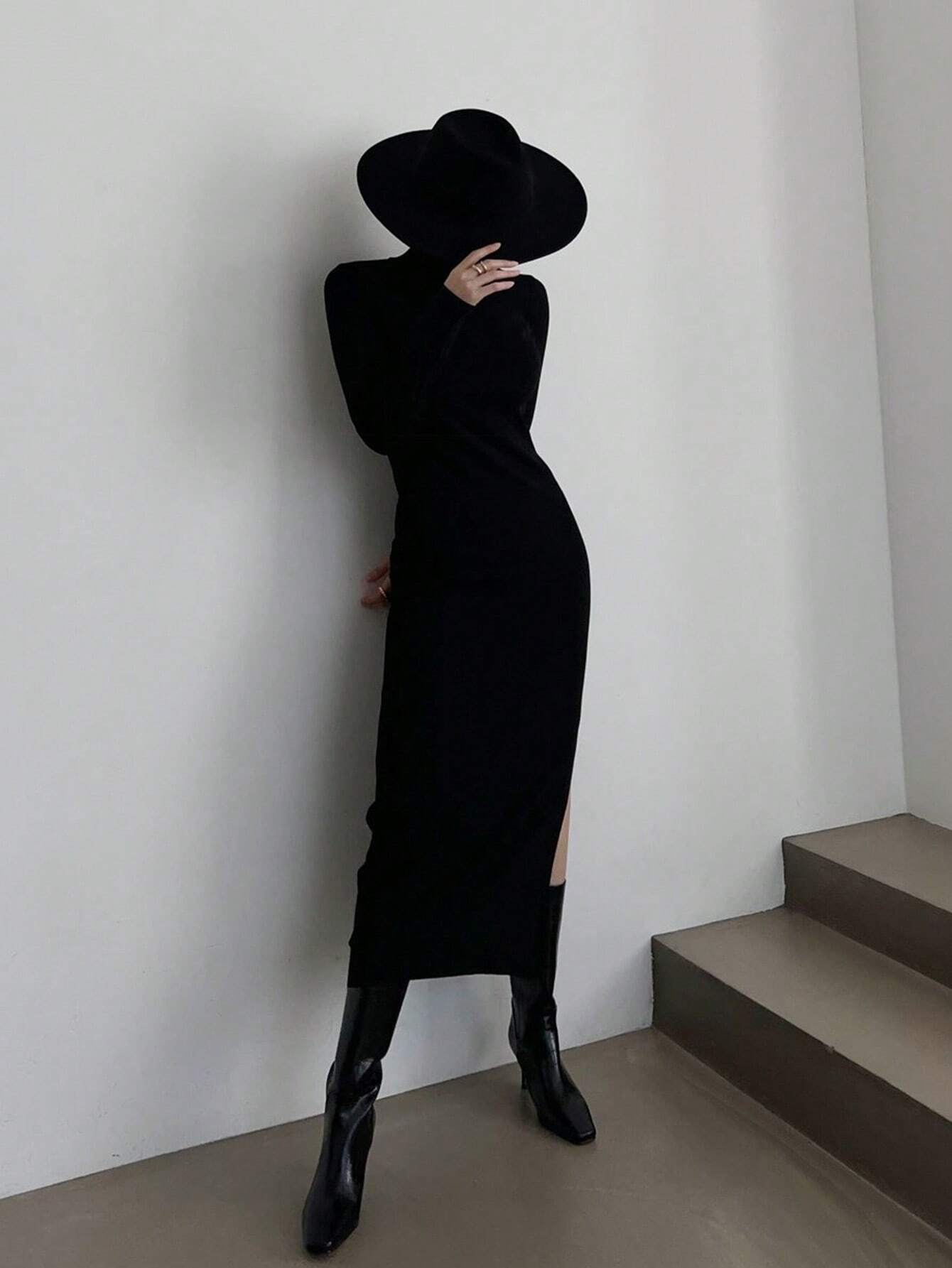 Buy SHEIN DAZY Women's Solid Color Slim Fit High Neck Slimming Versatile Long Dress in Pakistan