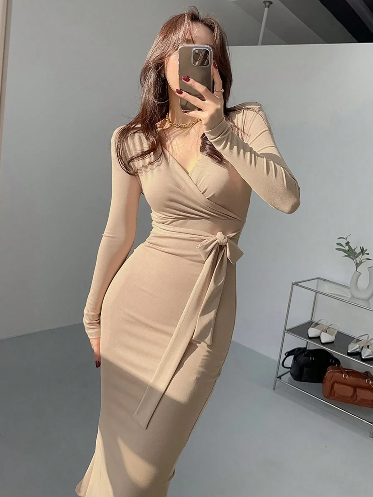 Buy SHEIN DAZY Women's Solid Color Wrap Belted Midi Dress in Pakistan