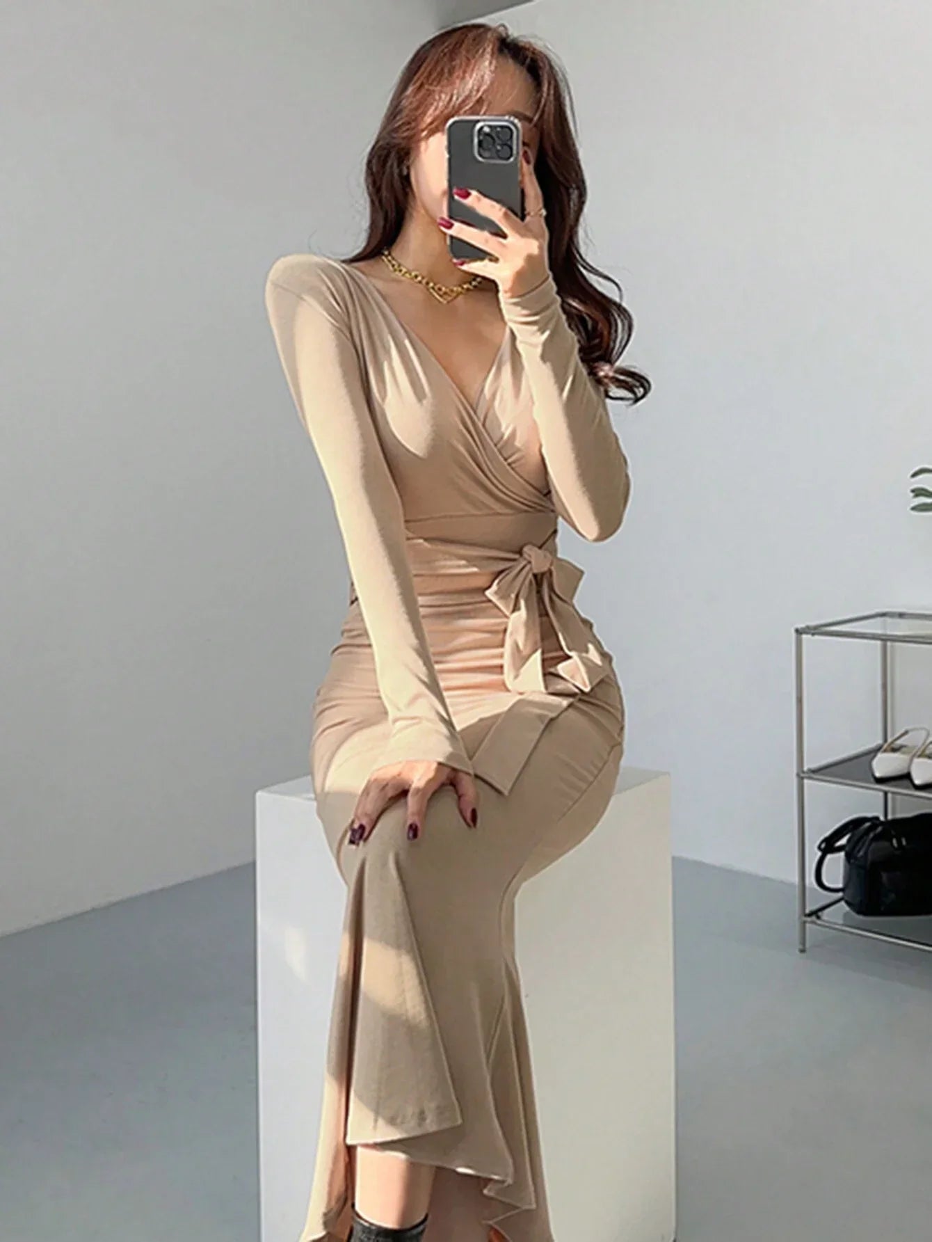 Buy SHEIN DAZY Women's Solid Color Wrap Belted Midi Dress in Pakistan