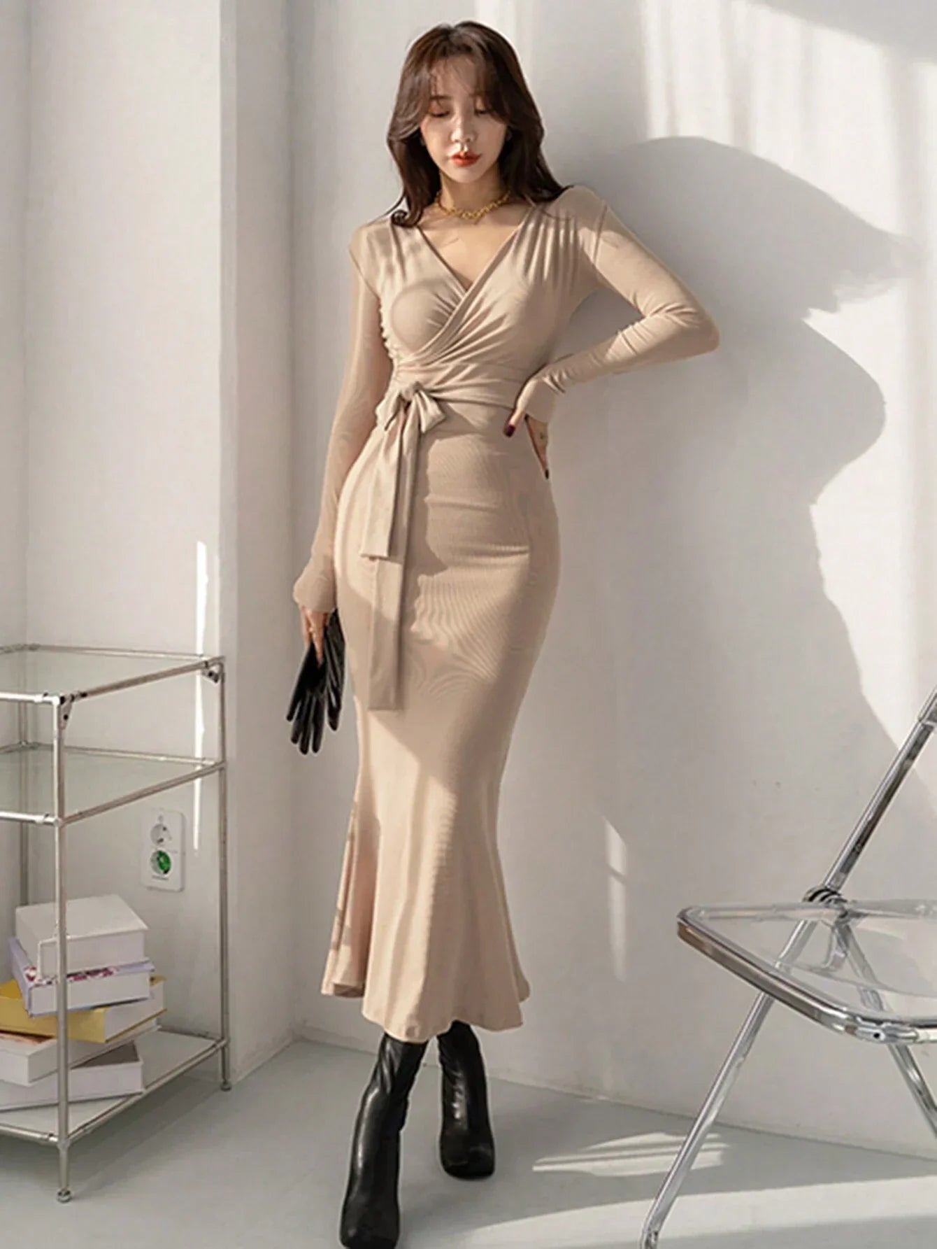 Buy SHEIN DAZY Women's Solid Color Wrap Belted Midi Dress in Pakistan