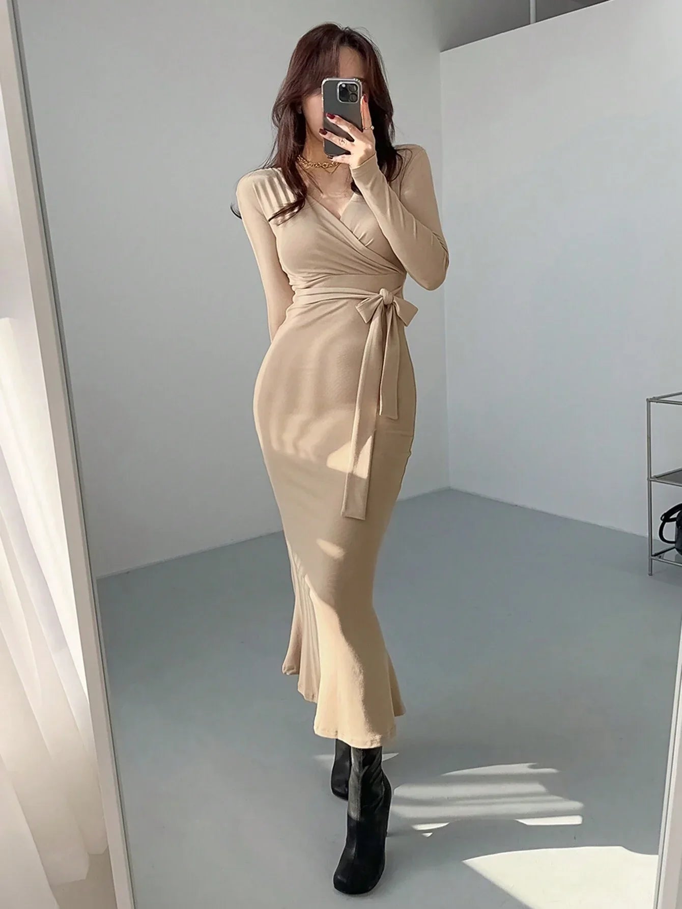 Buy SHEIN DAZY Women's Solid Color Wrap Belted Midi Dress in Pakistan