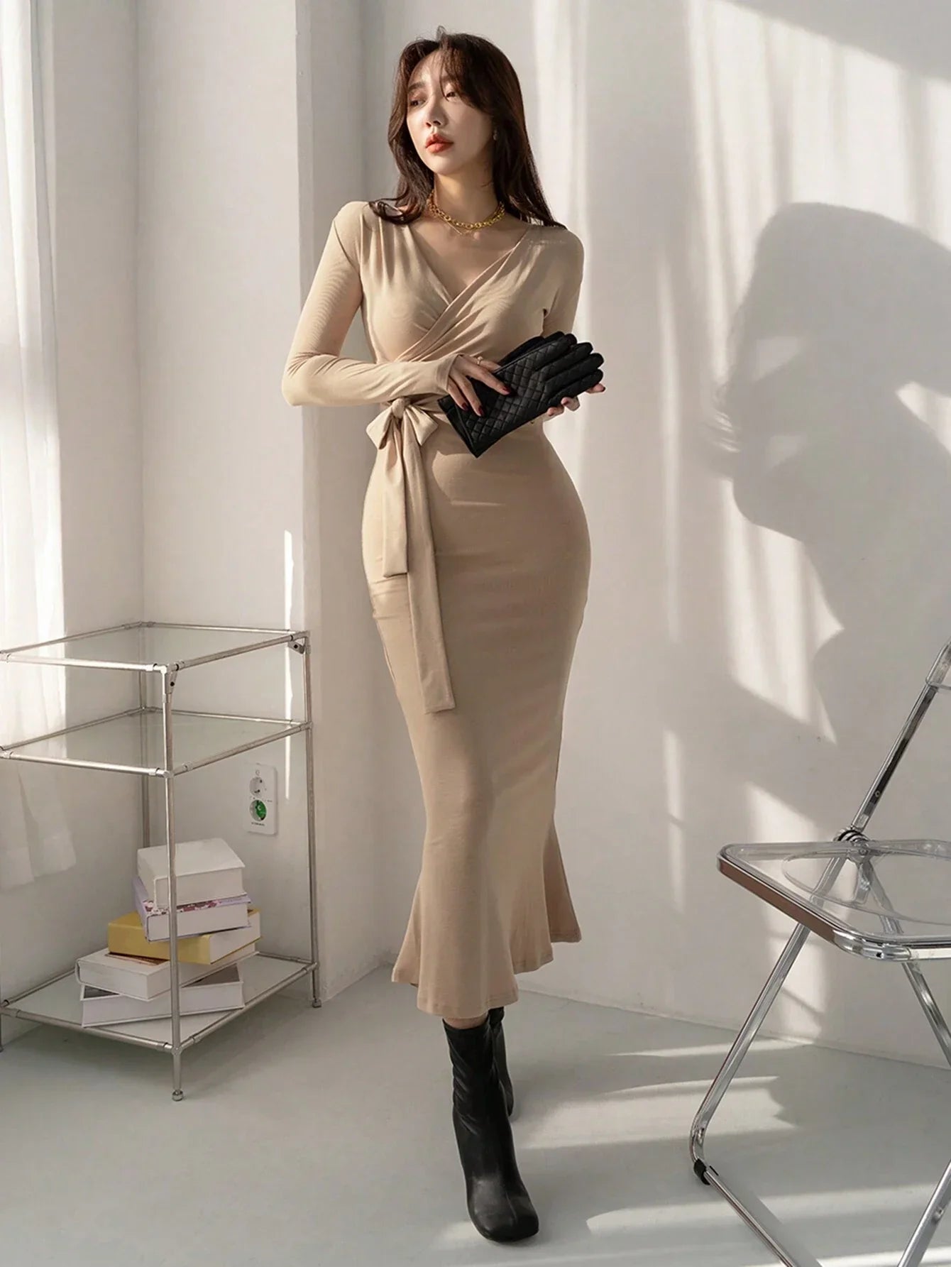 Buy SHEIN DAZY Women's Solid Color Wrap Belted Midi Dress in Pakistan