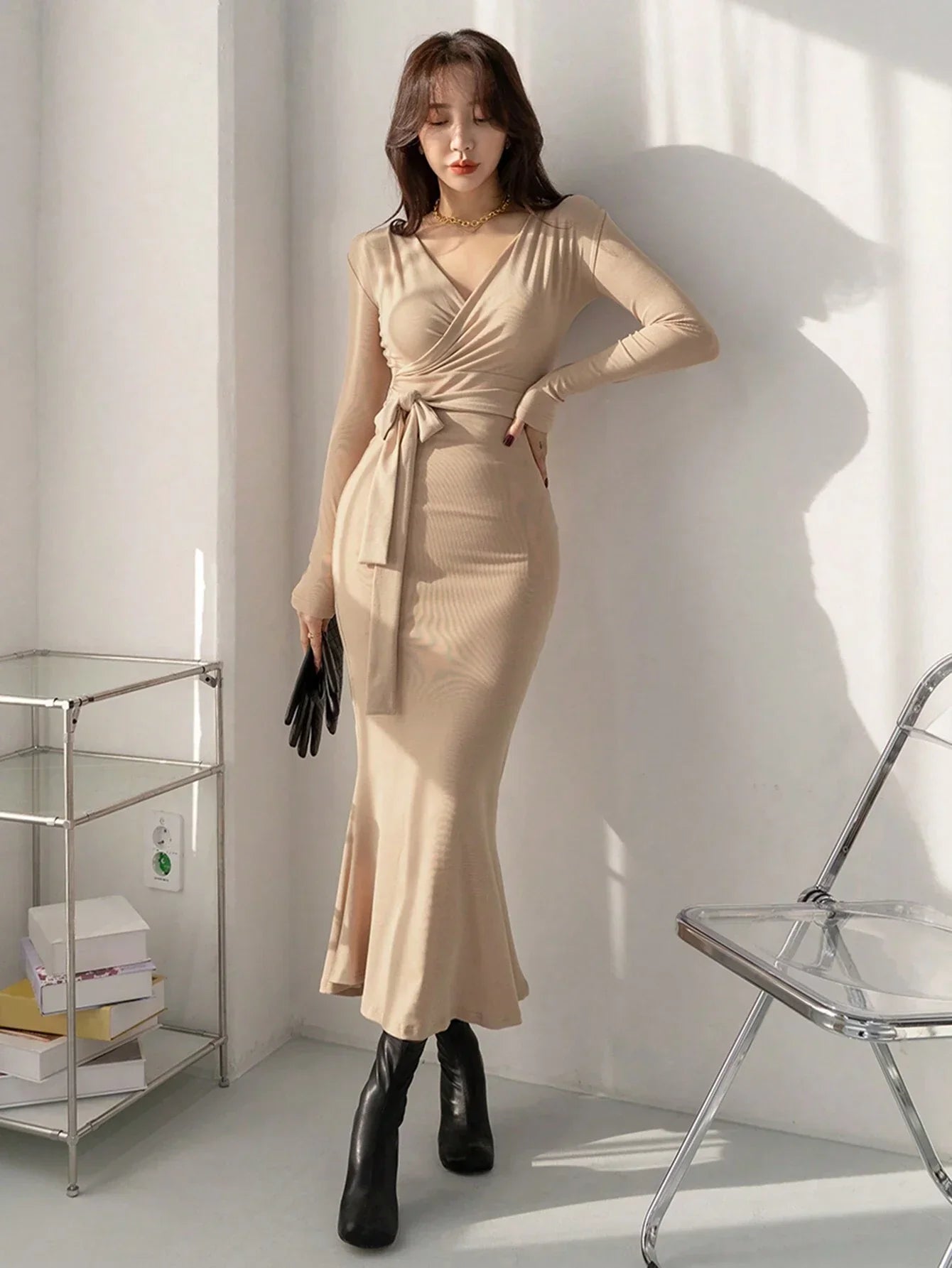 Buy SHEIN DAZY Women's Solid Color Wrap Belted Midi Dress in Pakistan