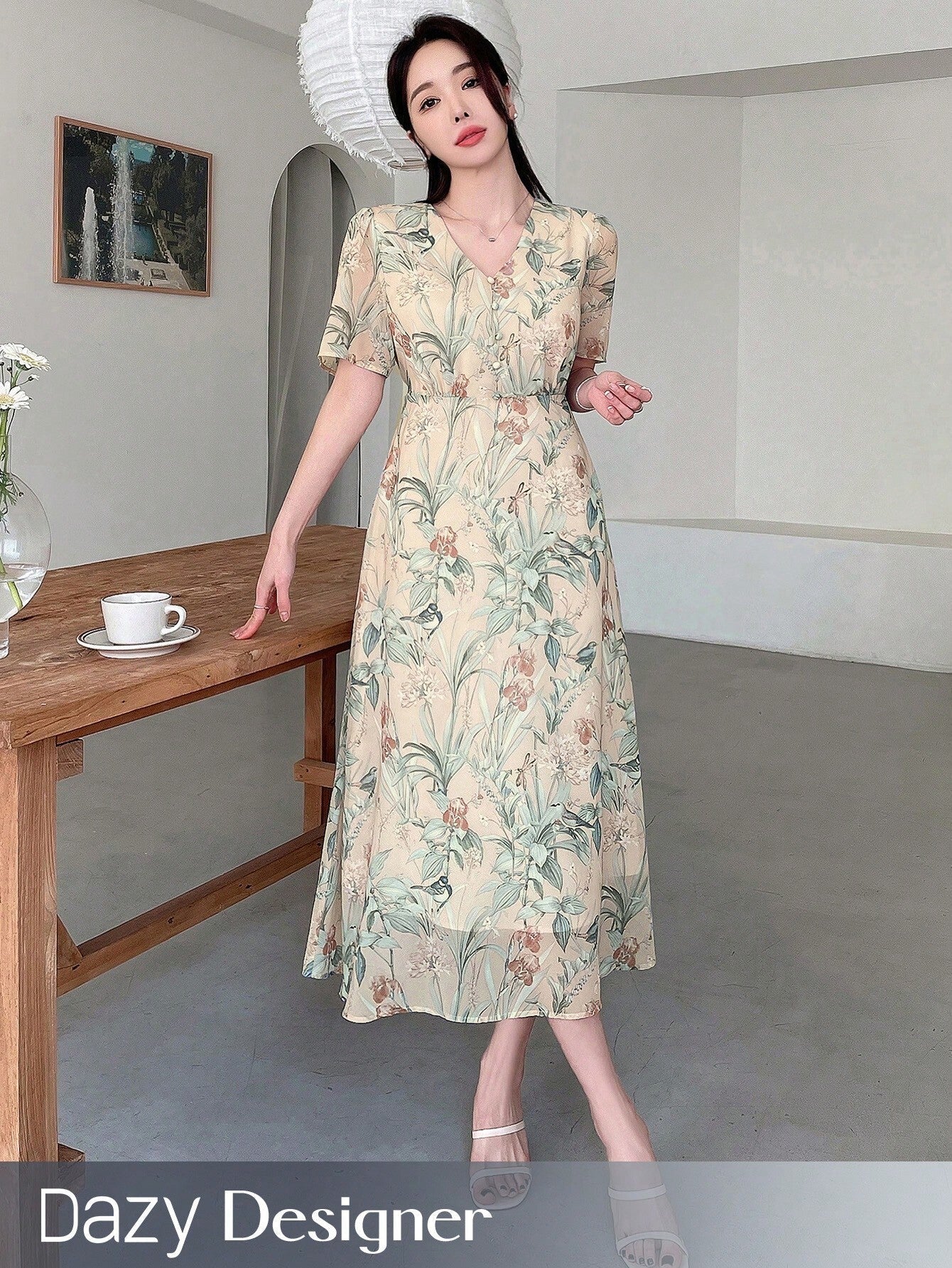 Buy SHEIN Dazy Designer Floral Print Deep V-Neck Wrap Tie Short Sleeve Dress With Ruffle Hem For Women in Pakistan