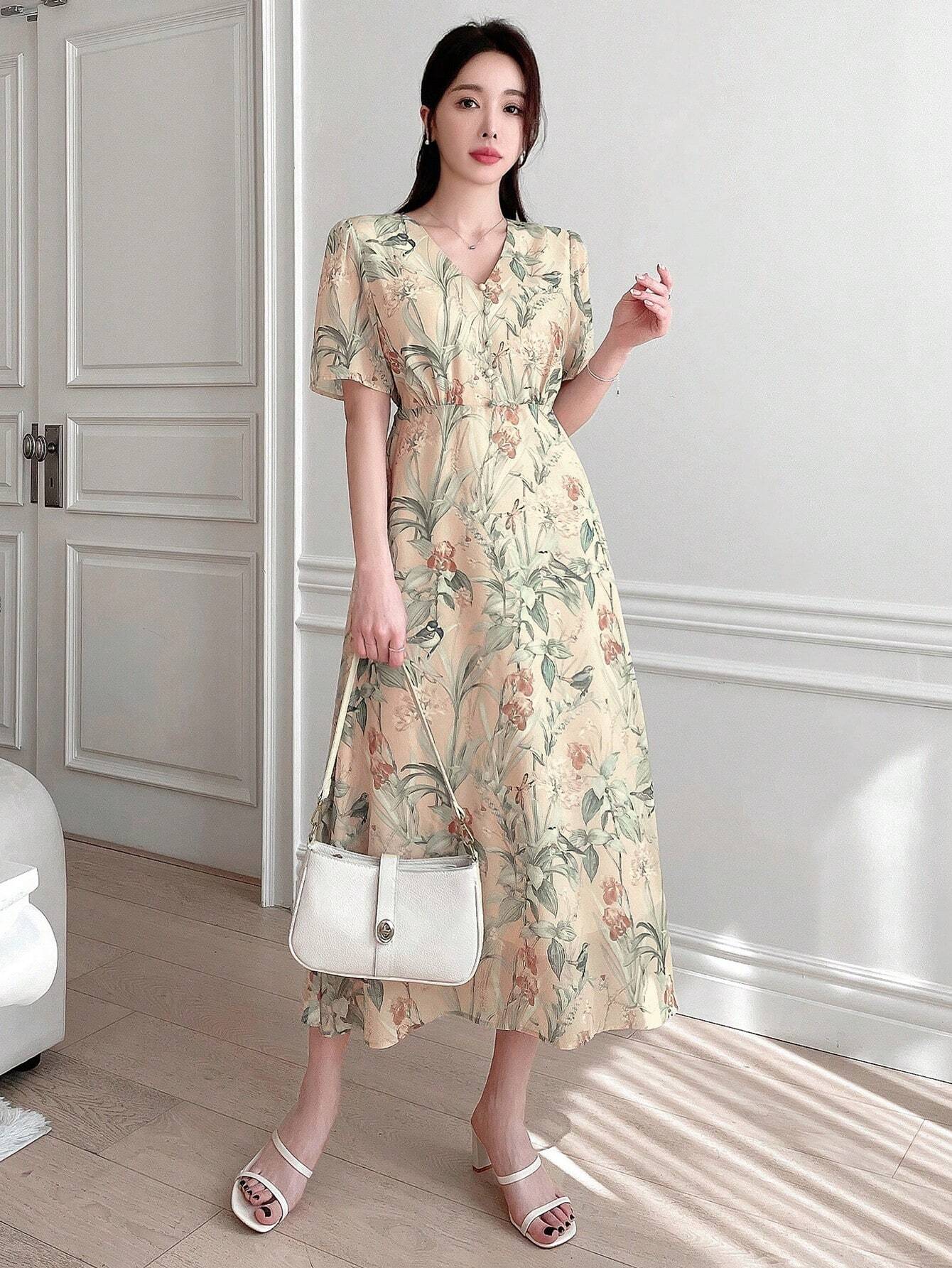 Buy SHEIN Dazy Designer Floral Print Deep V-Neck Wrap Tie Short Sleeve Dress With Ruffle Hem For Women in Pakistan