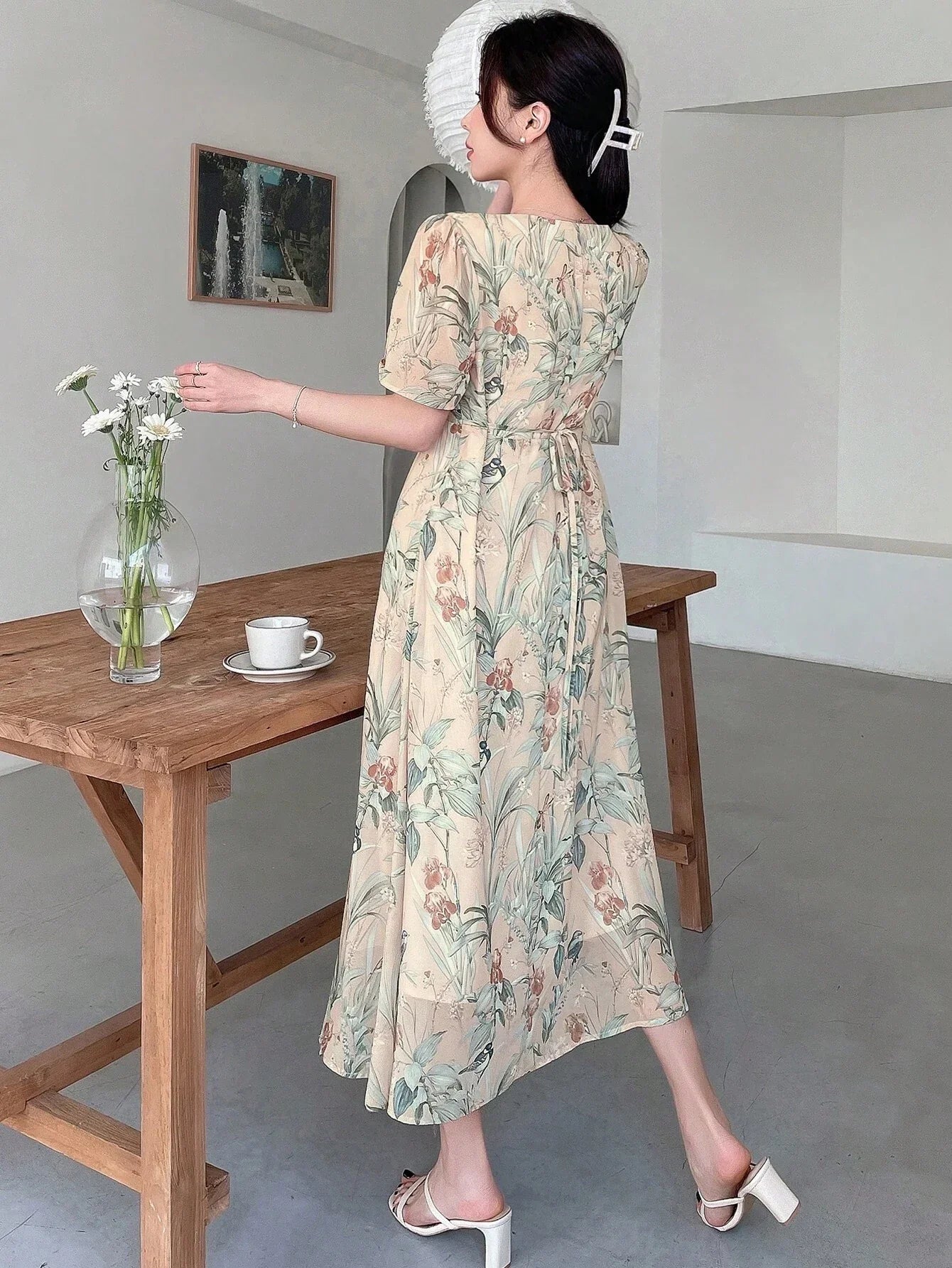 Buy SHEIN Dazy Designer Floral Print Deep V-Neck Wrap Tie Short Sleeve Dress With Ruffle Hem For Women in Pakistan