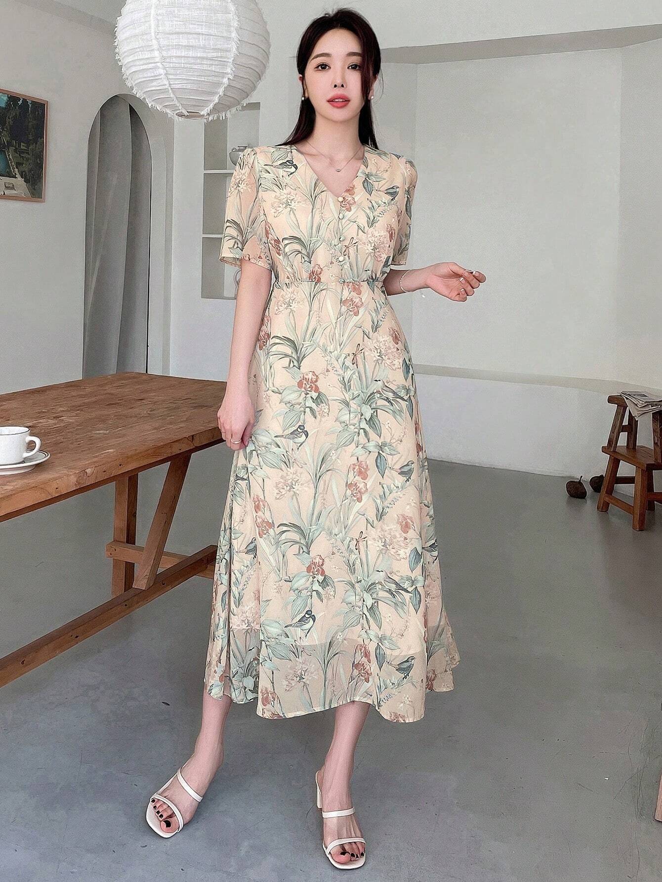 Buy SHEIN Dazy Designer Floral Print Deep V-Neck Wrap Tie Short Sleeve Dress With Ruffle Hem For Women in Pakistan