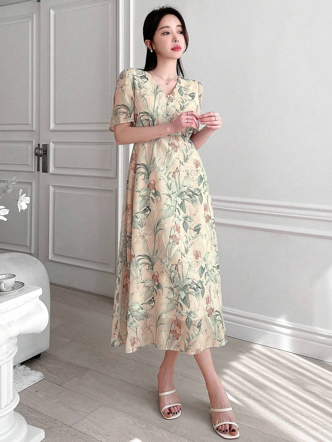 Buy SHEIN Dazy Designer Floral Print Deep V-Neck Wrap Tie Short Sleeve Dress With Ruffle Hem For Women in Pakistan