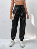 Buy SHEIN Drawstring Waist Flap Pocket Side PU Pants in Pakistan
