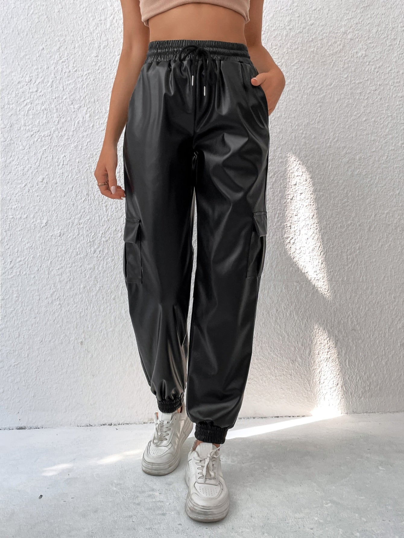 Buy SHEIN Drawstring Waist Flap Pocket Side PU Pants in Pakistan