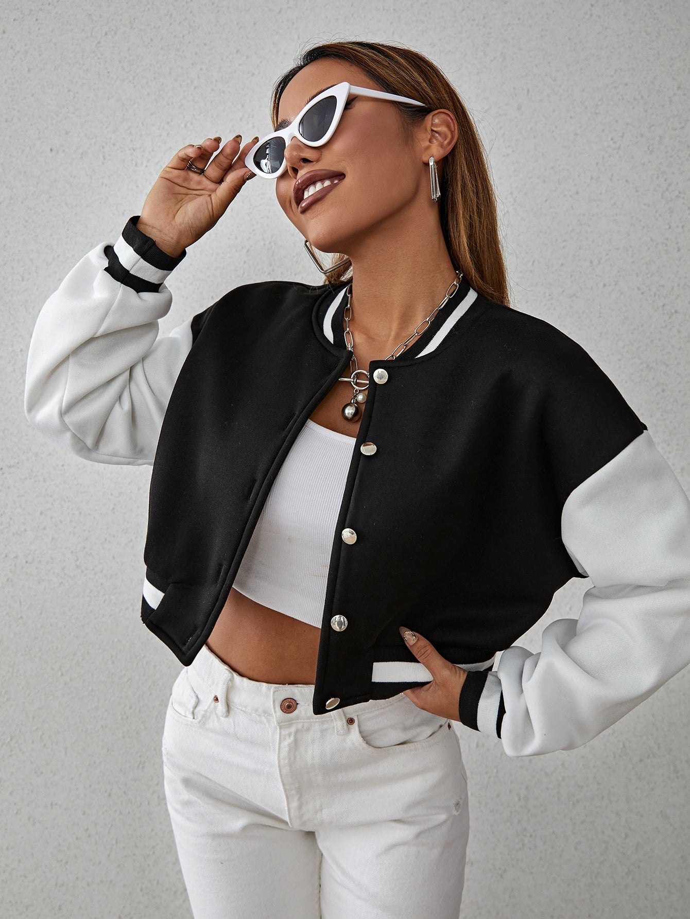 Buy SHEIN Drop Shoulder Two Tone Crop Bomber Jacket in Pakistan