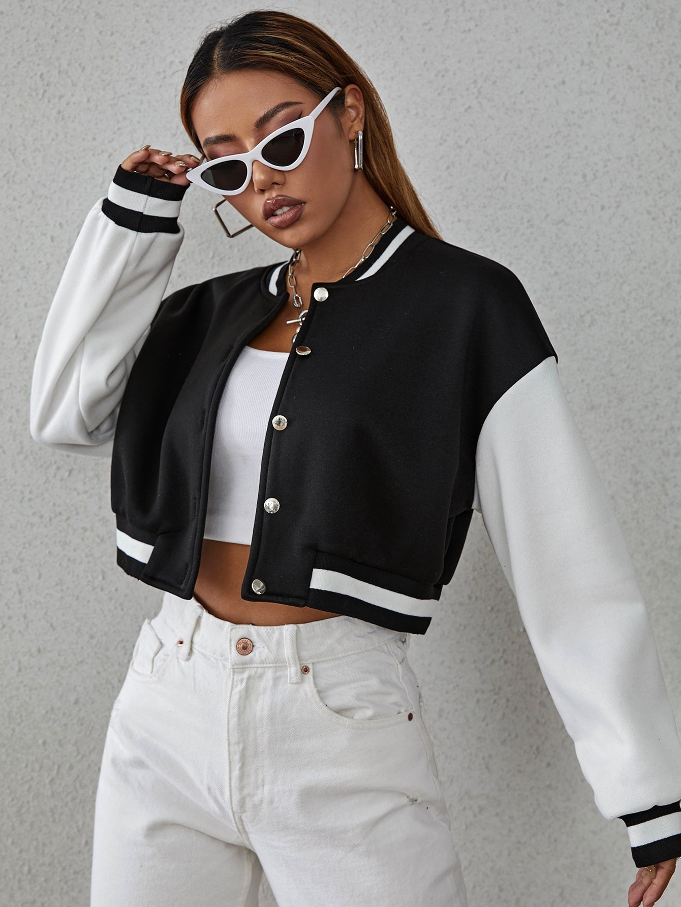 Buy SHEIN Drop Shoulder Two Tone Crop Bomber Jacket in Pakistan