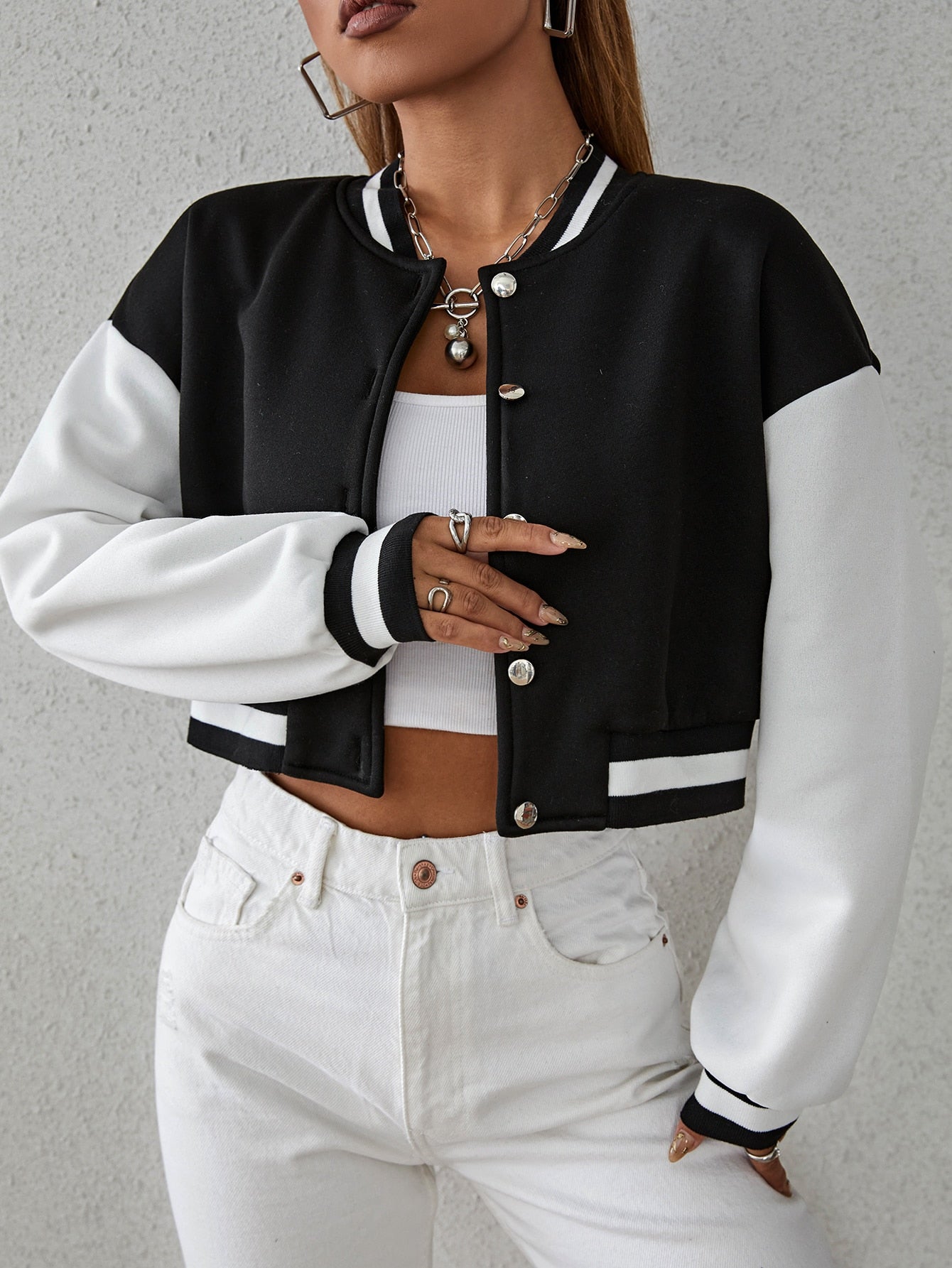 Buy SHEIN Drop Shoulder Two Tone Crop Bomber Jacket in Pakistan