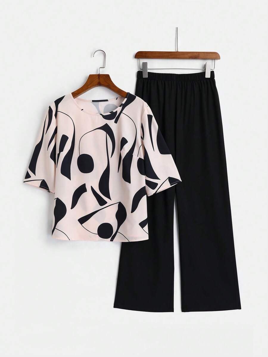 Buy SHEIN EMERY ROSE 2pcs Women Geometric Print Round Neck Short Sleeve Top And Wide Leg Pants Regular Casual Suit Set in Pakistan