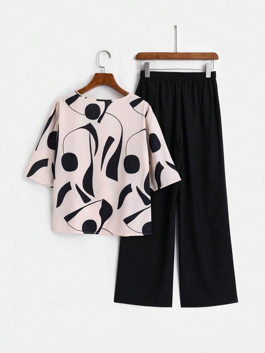 Buy SHEIN EMERY ROSE 2pcs Women Geometric Print Round Neck Short Sleeve Top And Wide Leg Pants Regular Casual Suit Set in Pakistan