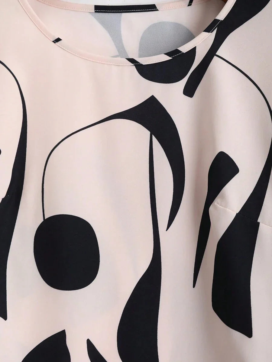 Buy SHEIN EMERY ROSE 2pcs Women Geometric Print Round Neck Short Sleeve Top And Wide Leg Pants Regular Casual Suit Set in Pakistan