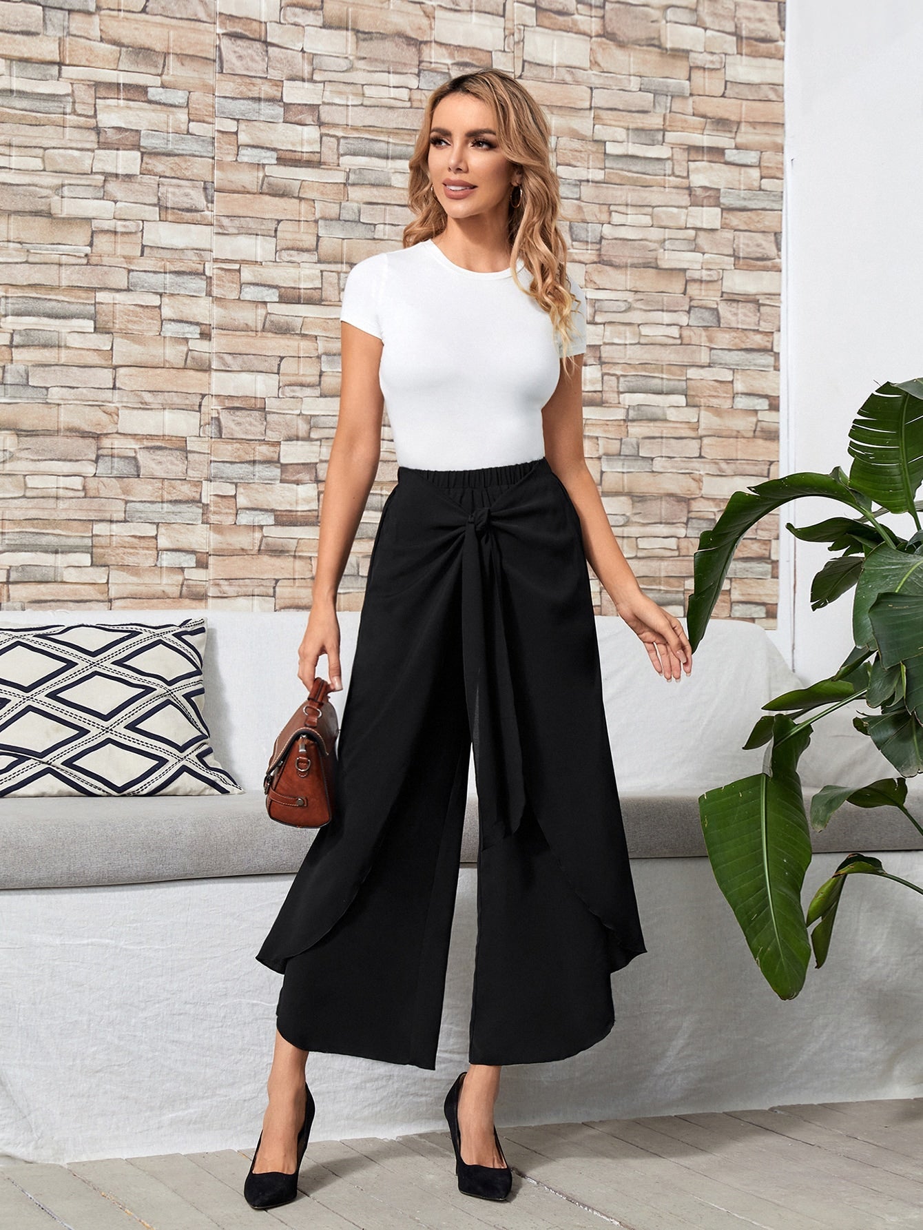 Buy SHEIN EMERY ROSE Tie Front Wide Leg Pants in Pakistan