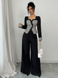 Buy SHEIN Elenzga 2pcs Women Elegant Color Block Cardigan & Wide Leg Pants Suit in Pakistan