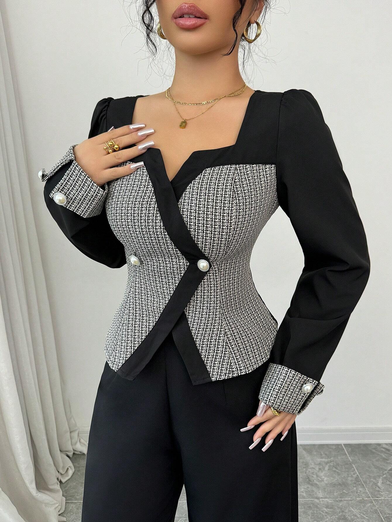 Buy SHEIN Elenzga 2pcs Women Elegant Color Block Cardigan & Wide Leg Pants Suit in Pakistan