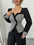 Buy SHEIN Elenzga 2pcs Women Elegant Color Block Cardigan & Wide Leg Pants Suit in Pakistan