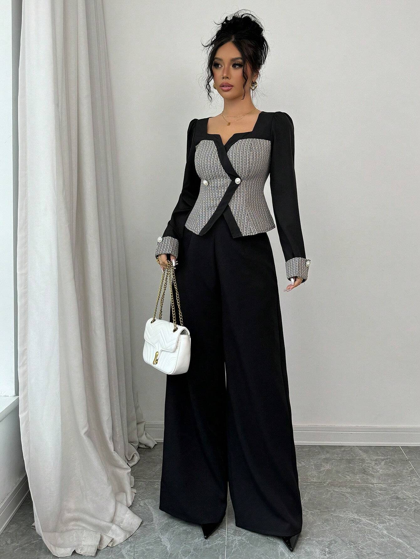 Buy SHEIN Elenzga 2pcs Women Elegant Color Block Cardigan & Wide Leg Pants Suit in Pakistan