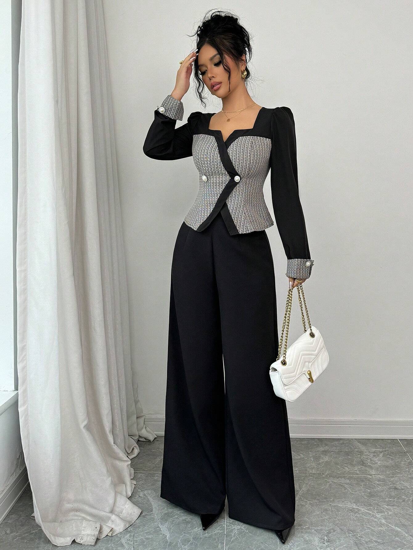 Buy SHEIN Elenzga 2pcs Women Elegant Color Block Cardigan & Wide Leg Pants Suit in Pakistan